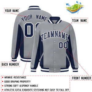 Custom Gray Navy Varsity Full-Snap Color Block Letterman Baseball Jacket