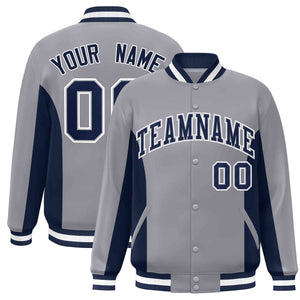 Custom Gray Navy Varsity Full-Snap Color Block Letterman Baseball Jacket