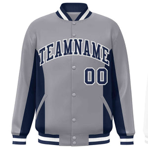 Custom Gray Navy Varsity Full-Snap Color Block Letterman Baseball Jacket