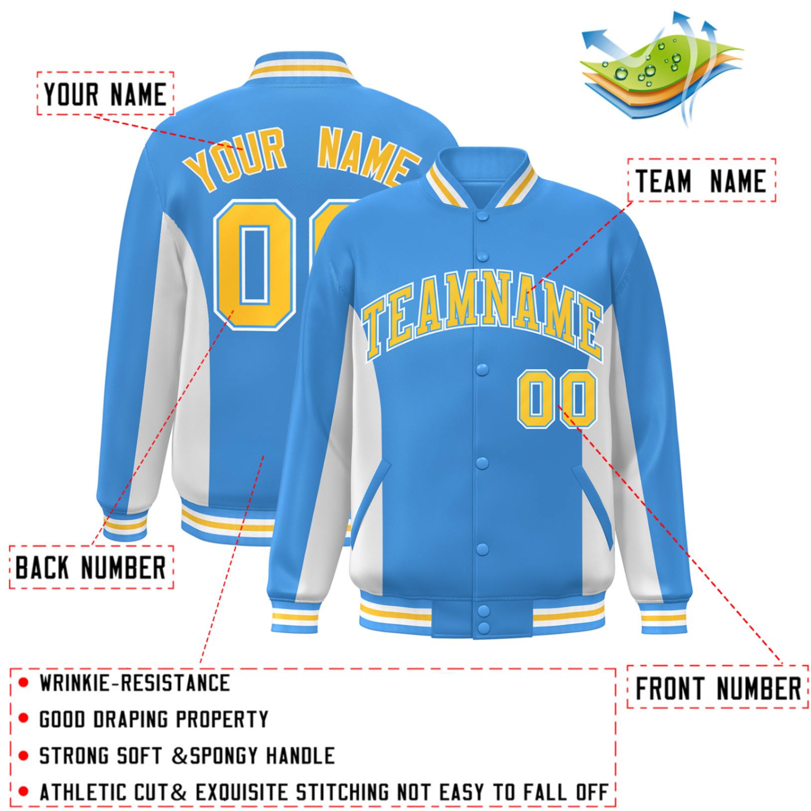 Custom Powder Blue White-Gold Varsity Full-Snap Color Block Letterman Baseball Jacket