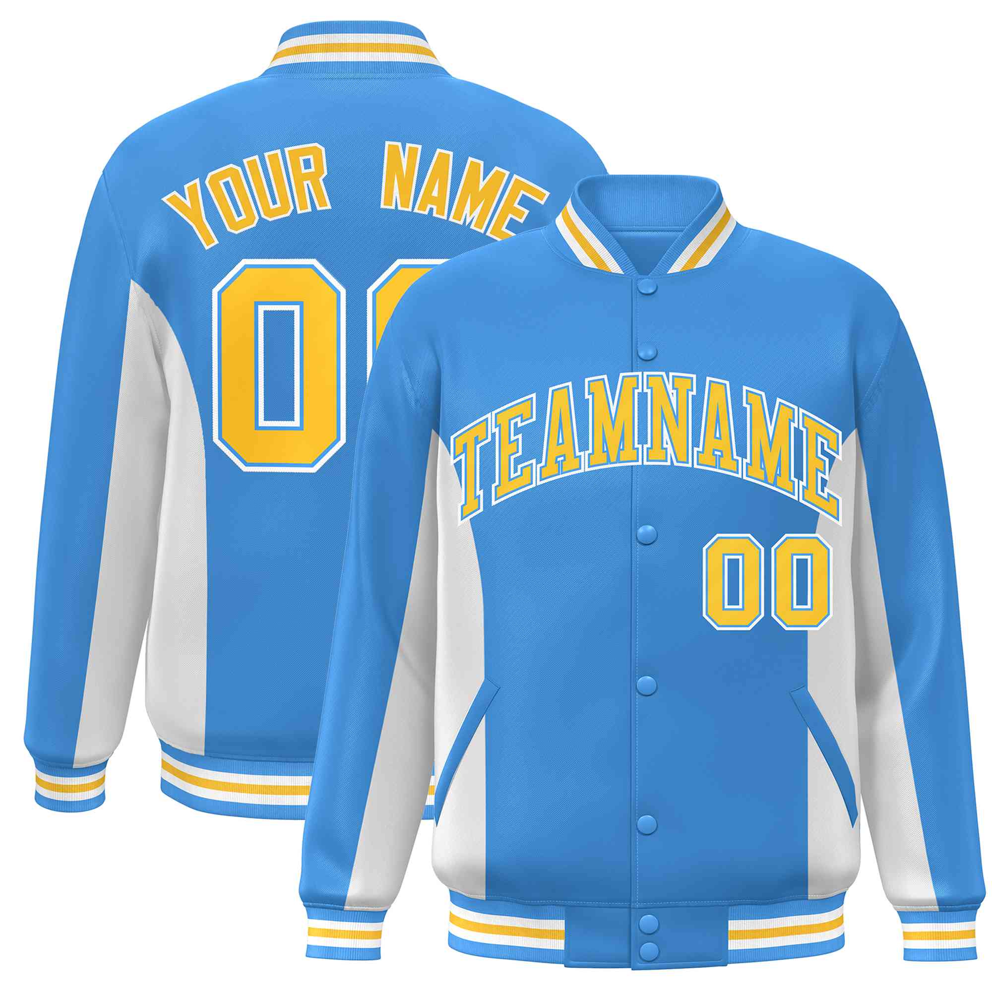 Custom Powder Blue White-Gold Varsity Full-Snap Color Block Letterman Baseball Jacket