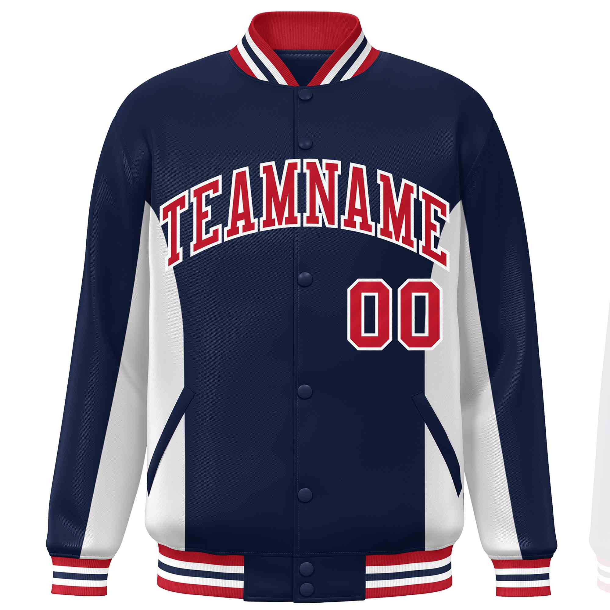 Custom Navy White-Red Varsity Full-Snap Color Block Letterman Baseball Jacket