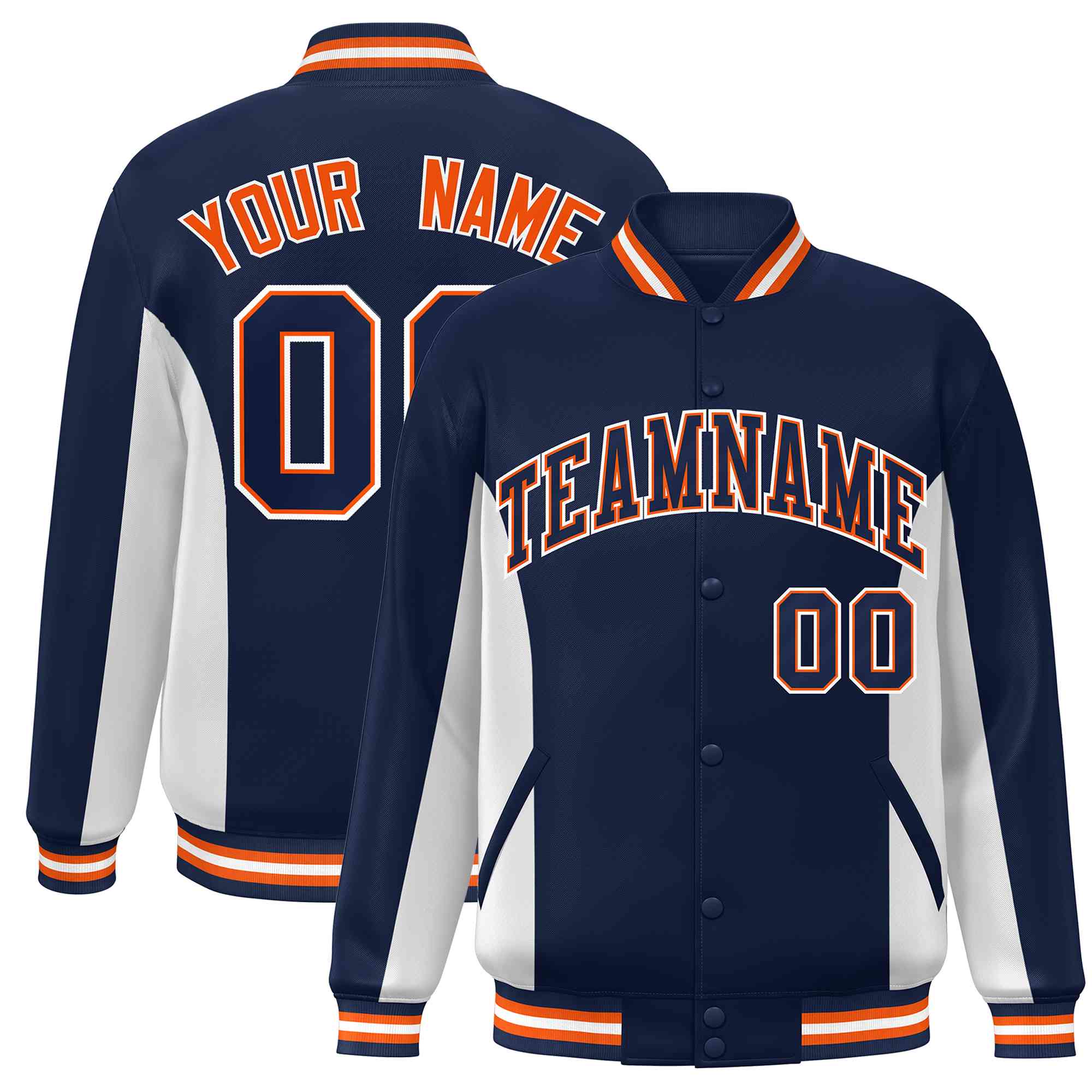 Custom Navy White Varsity Full-Snap Color Block Letterman Baseball Jacket