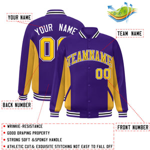 Custom Purple Gold Varsity Full-Snap Color Block Letterman Baseball Jacket