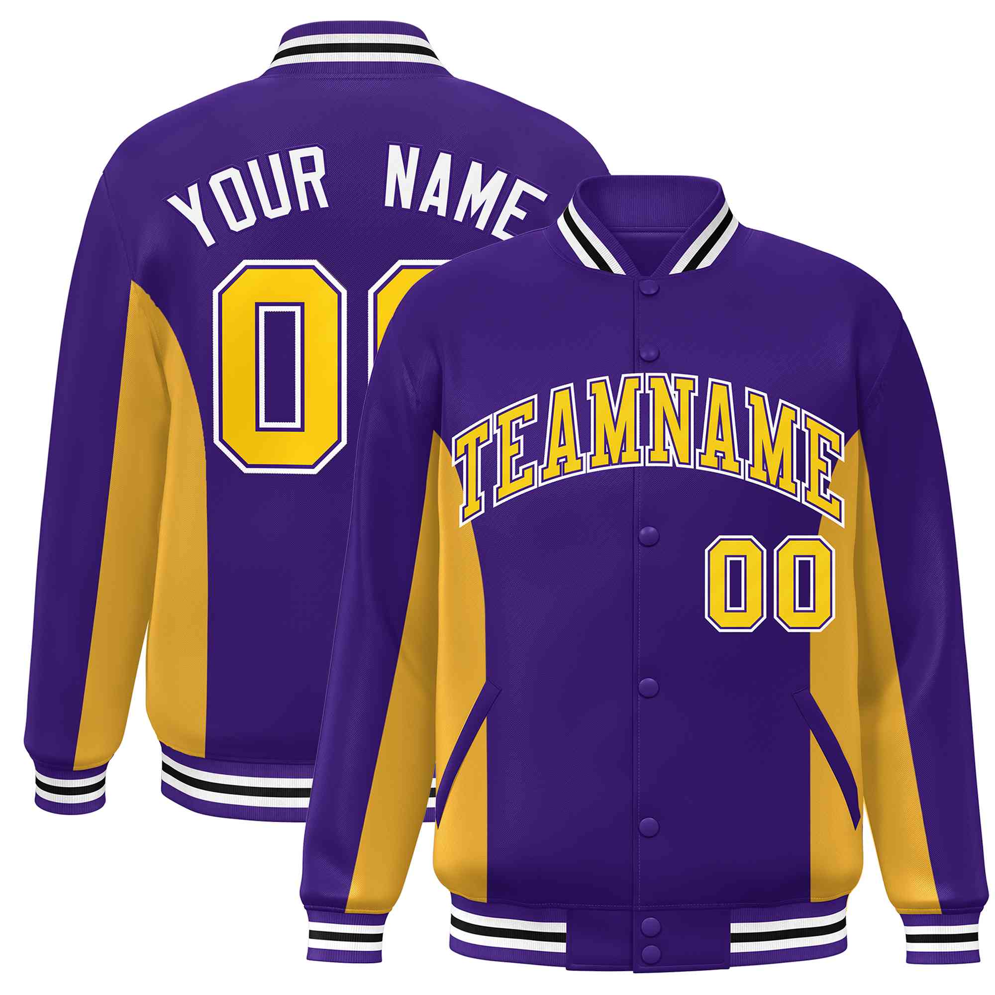 Custom Purple Gold Varsity Full-Snap Color Block Letterman Baseball Jacket