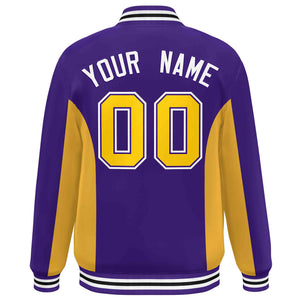 Custom Purple Gold Varsity Full-Snap Color Block Letterman Baseball Jacket