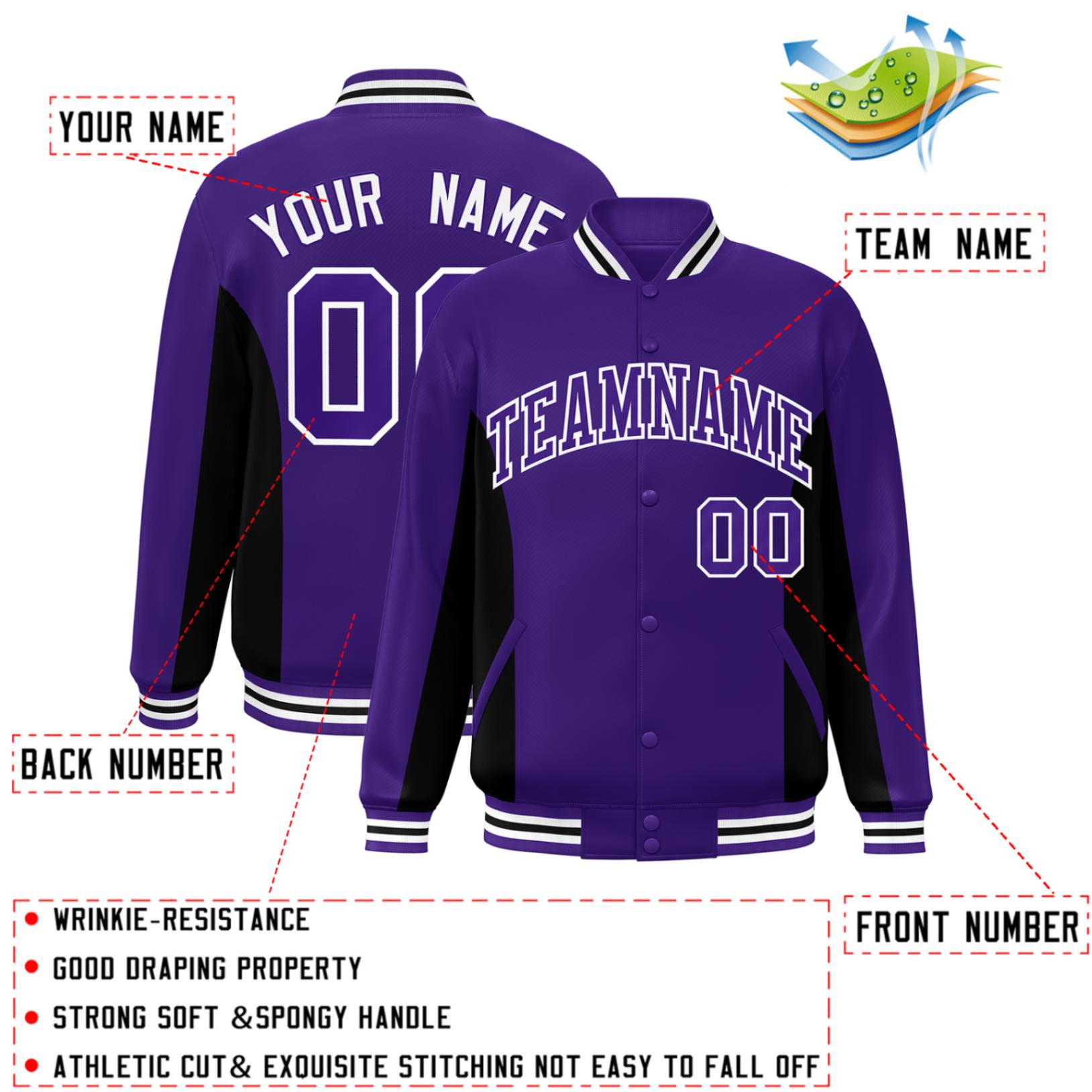 Custom Purple Black Varsity Full-Snap Color Block Letterman Baseball Jacket