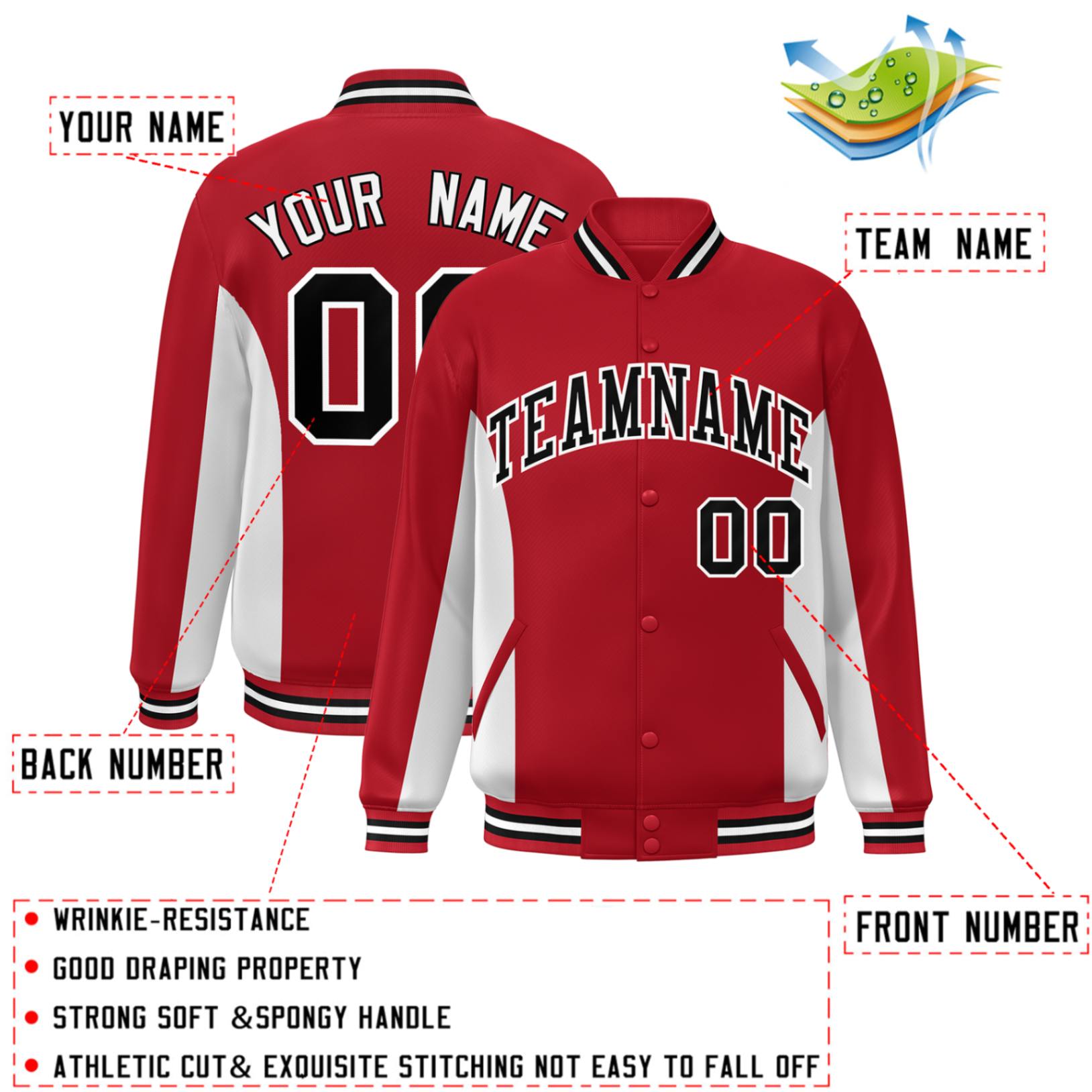 Custom Red White-Black Varsity Full-Snap Color Block Letterman Baseball Jacket