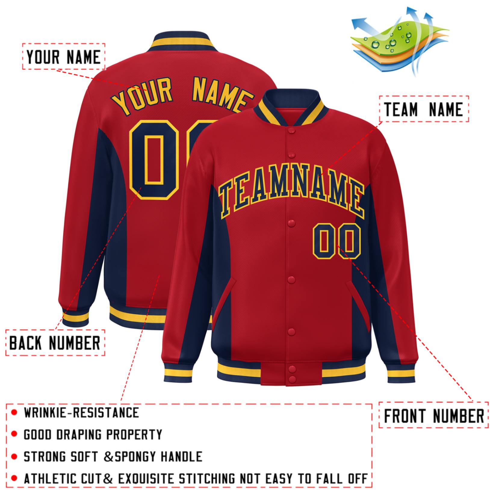 Custom Red Navy Varsity Full-Snap Color Block Letterman Baseball Jacket