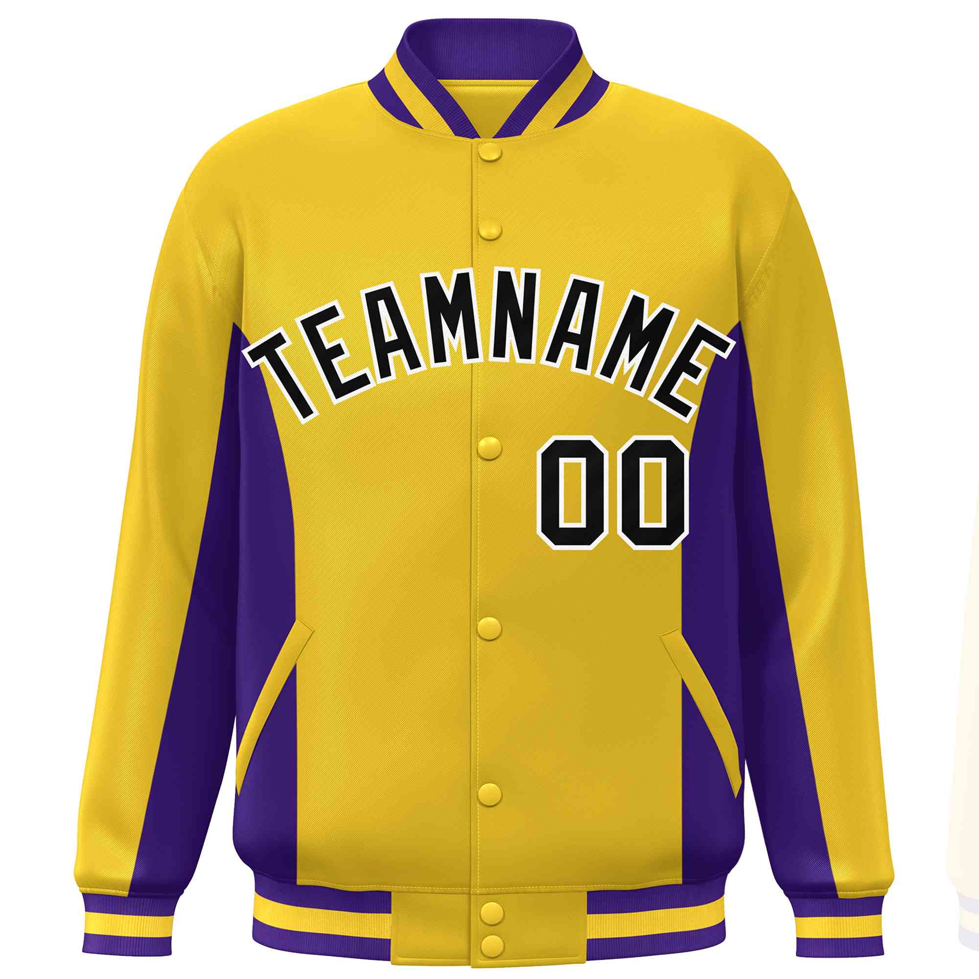 Custom Gold Purple-Black Varsity Full-Snap Color Block Letterman Baseball Jacket