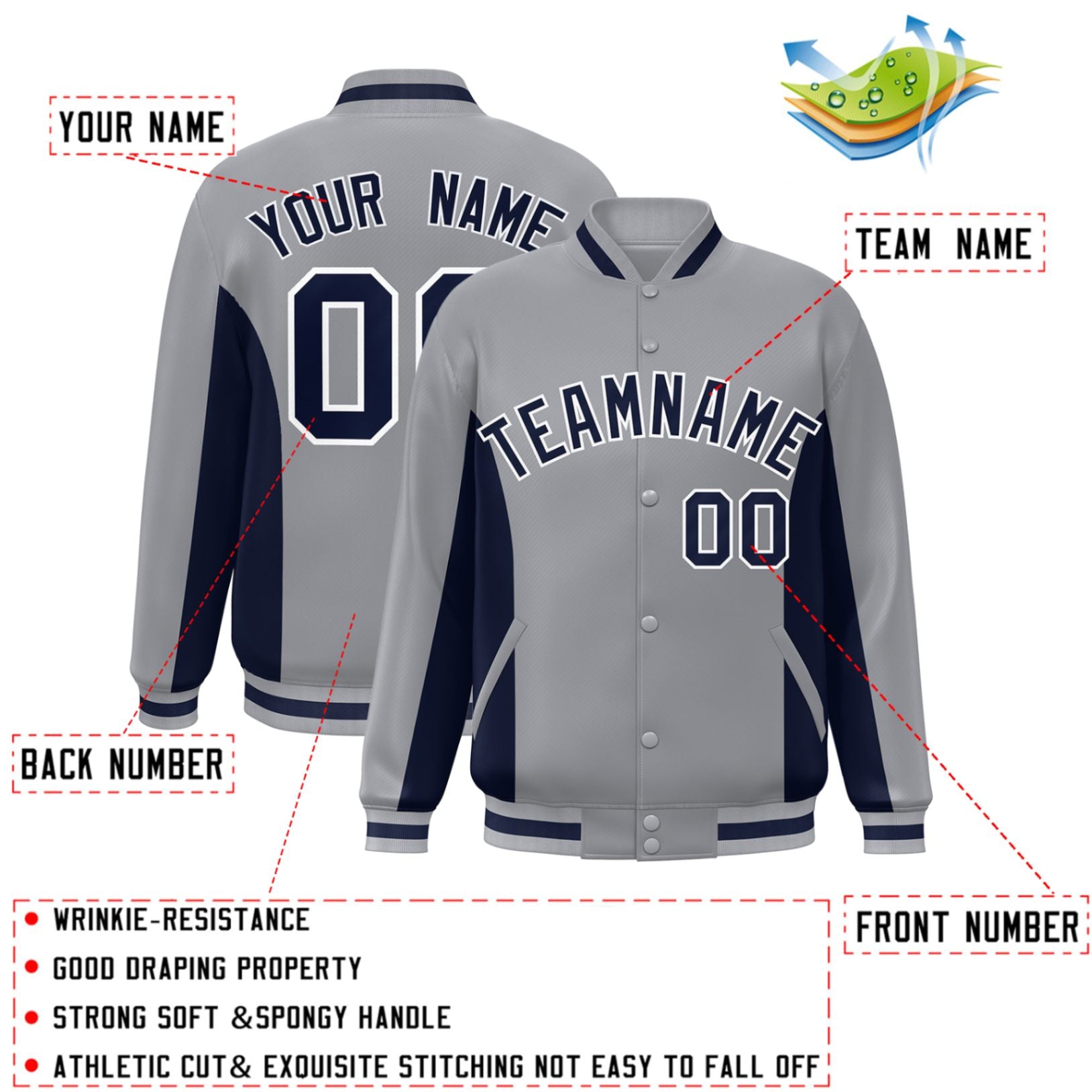 Custom Gray Navy Varsity Full-Snap Color Block Letterman Baseball Jacket