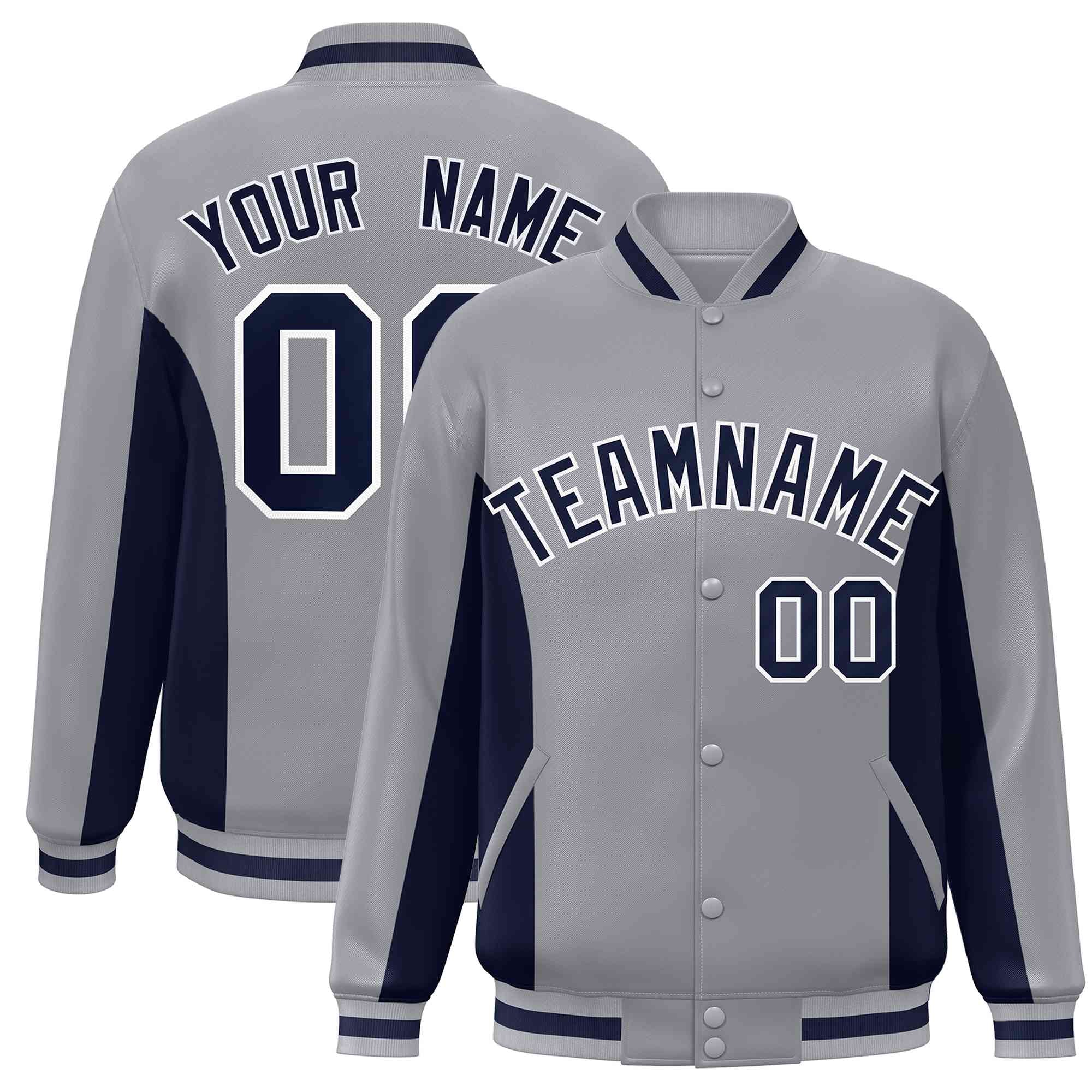 Custom Gray Navy Varsity Full-Snap Color Block Letterman Baseball Jacket