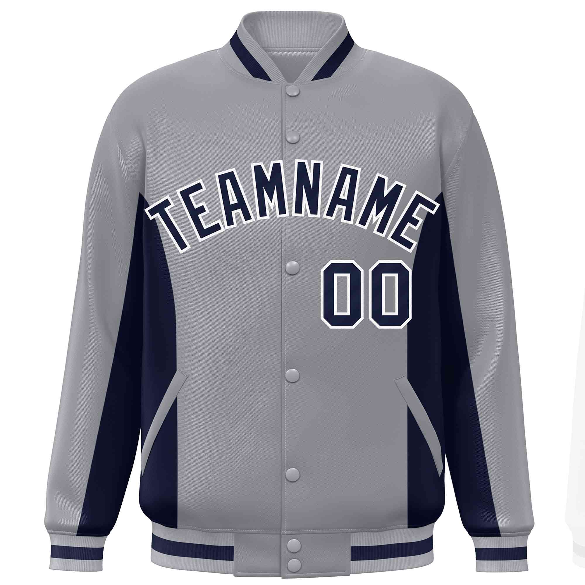 Custom Gray Navy Varsity Full-Snap Color Block Letterman Baseball Jacket