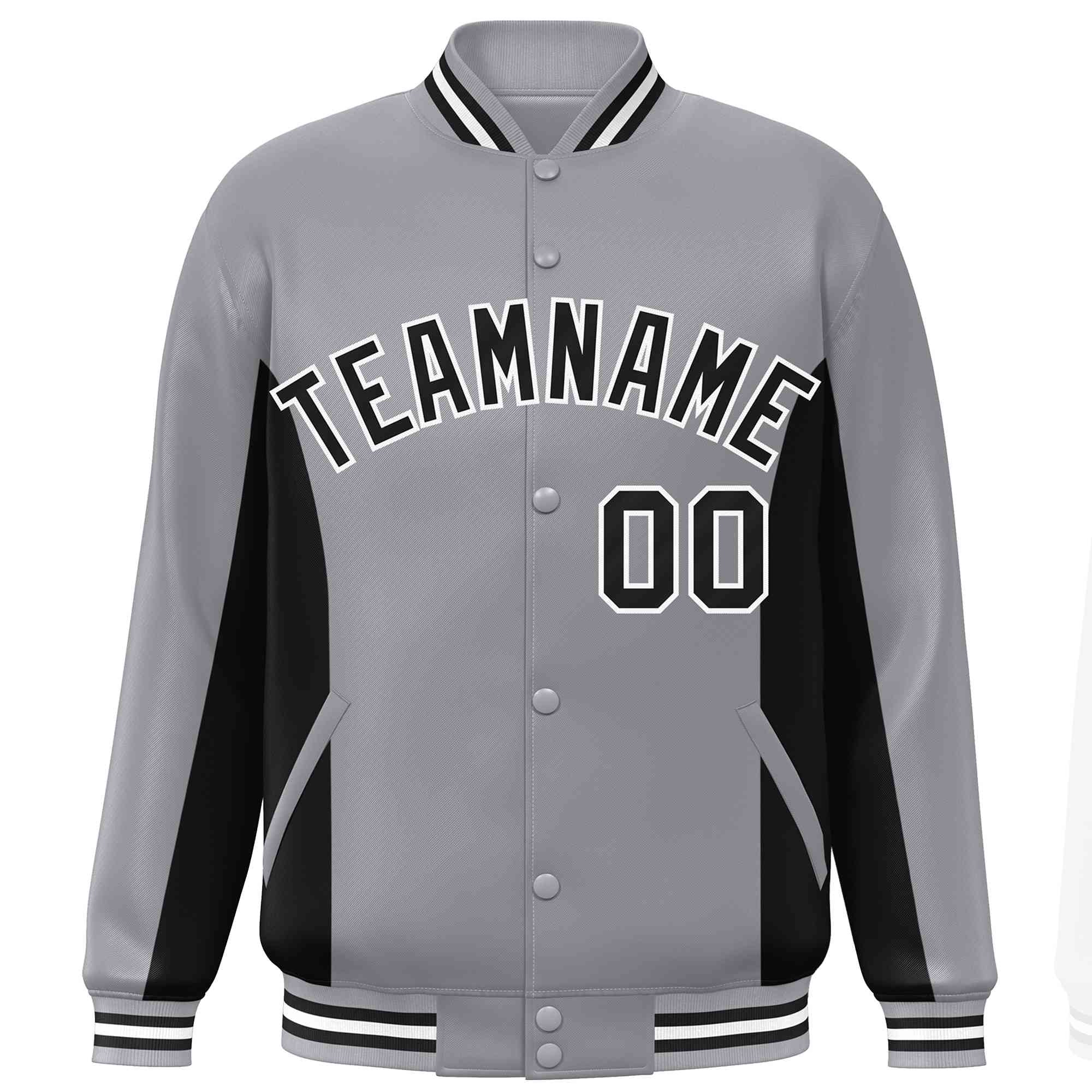 Custom Gray Black Varsity Full-Snap Color Block Letterman Baseball Jacket