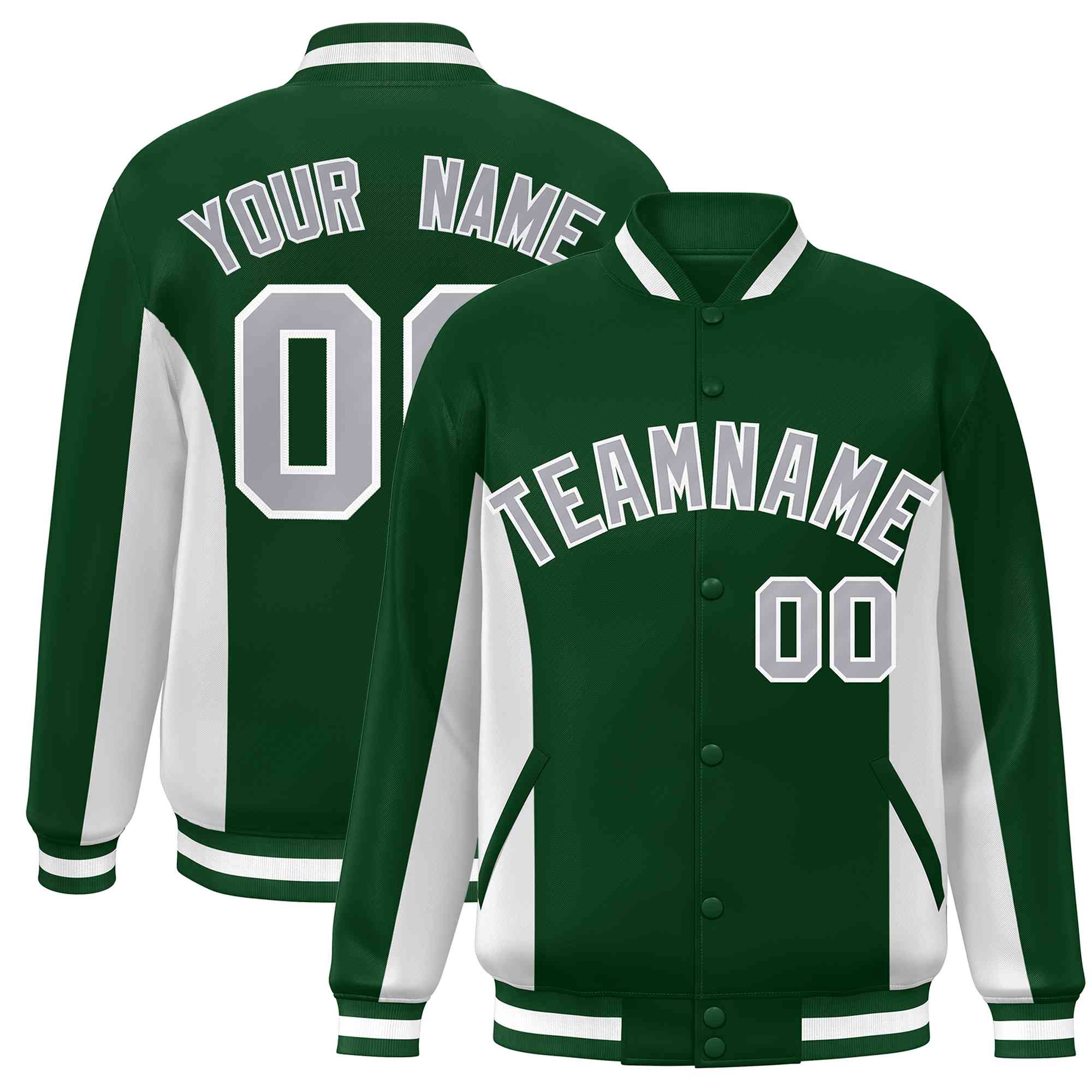 Custom Green White-Gray Varsity Full-Snap Color Block Letterman Baseball Jacket