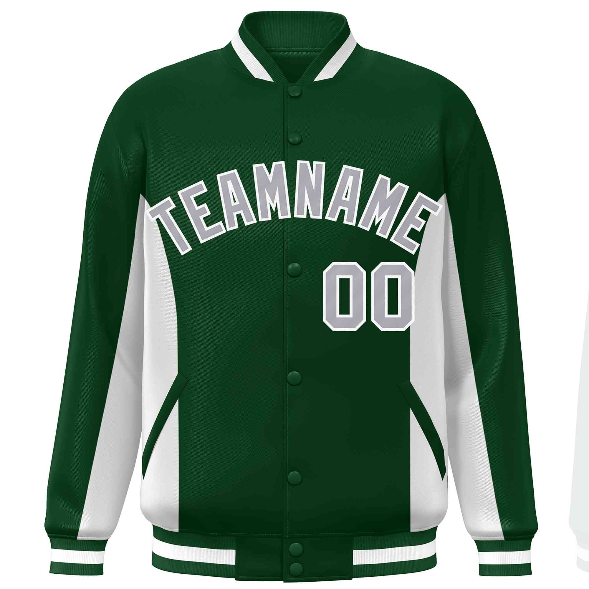 Custom Green White-Gray Varsity Full-Snap Color Block Letterman Baseball Jacket