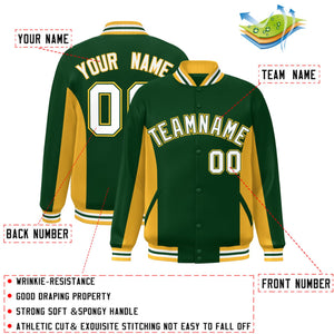 Custom Green Gold-White Varsity Full-Snap Color Block Letterman Baseball Jacket