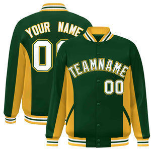 Custom Green Gold-White Varsity Full-Snap Color Block Letterman Baseball Jacket