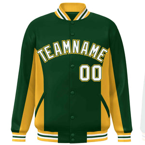 Custom Green Gold-White Varsity Full-Snap Color Block Letterman Baseball Jacket