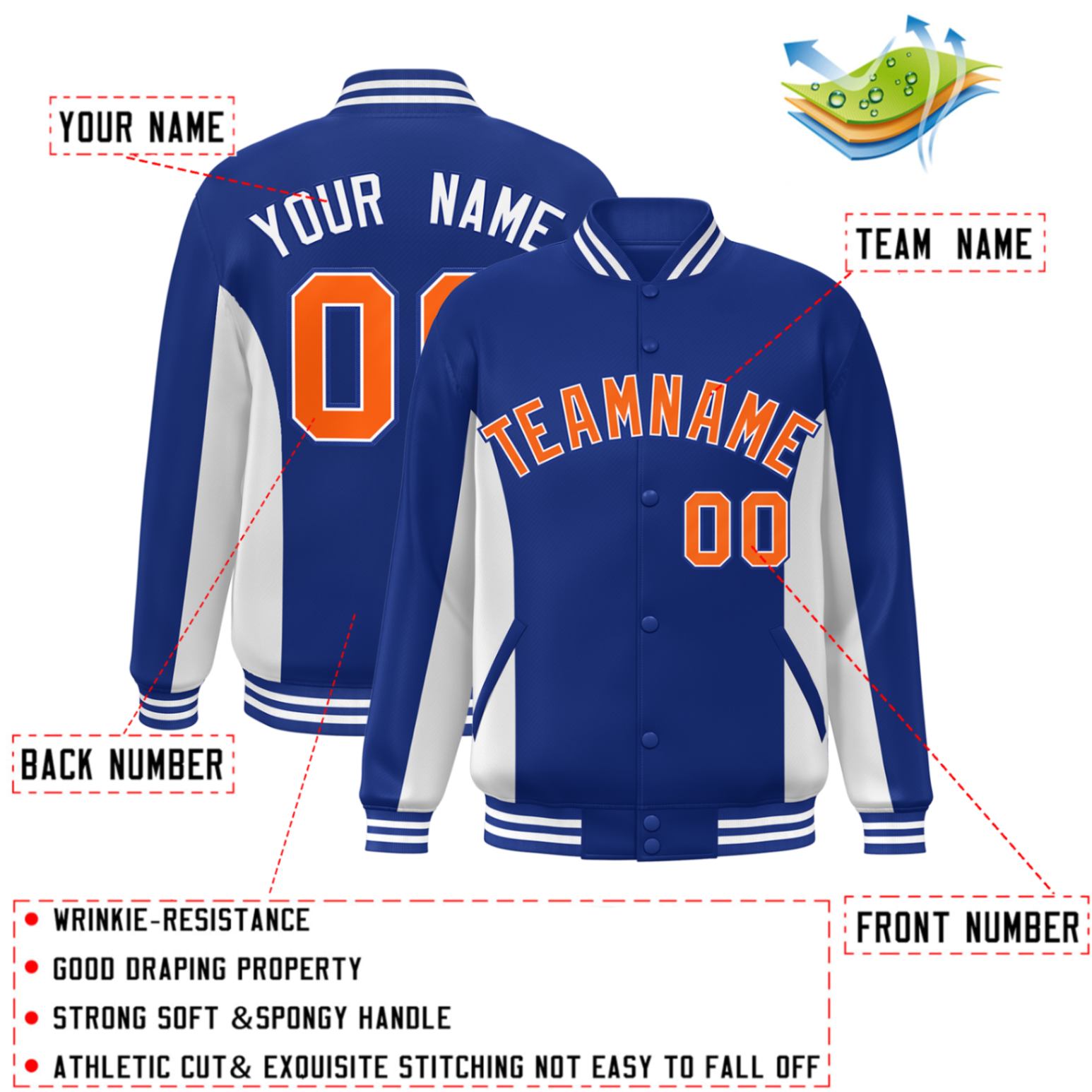 Custom Royal White-Orange Varsity Full-Snap Color Block Letterman Baseball Jacket