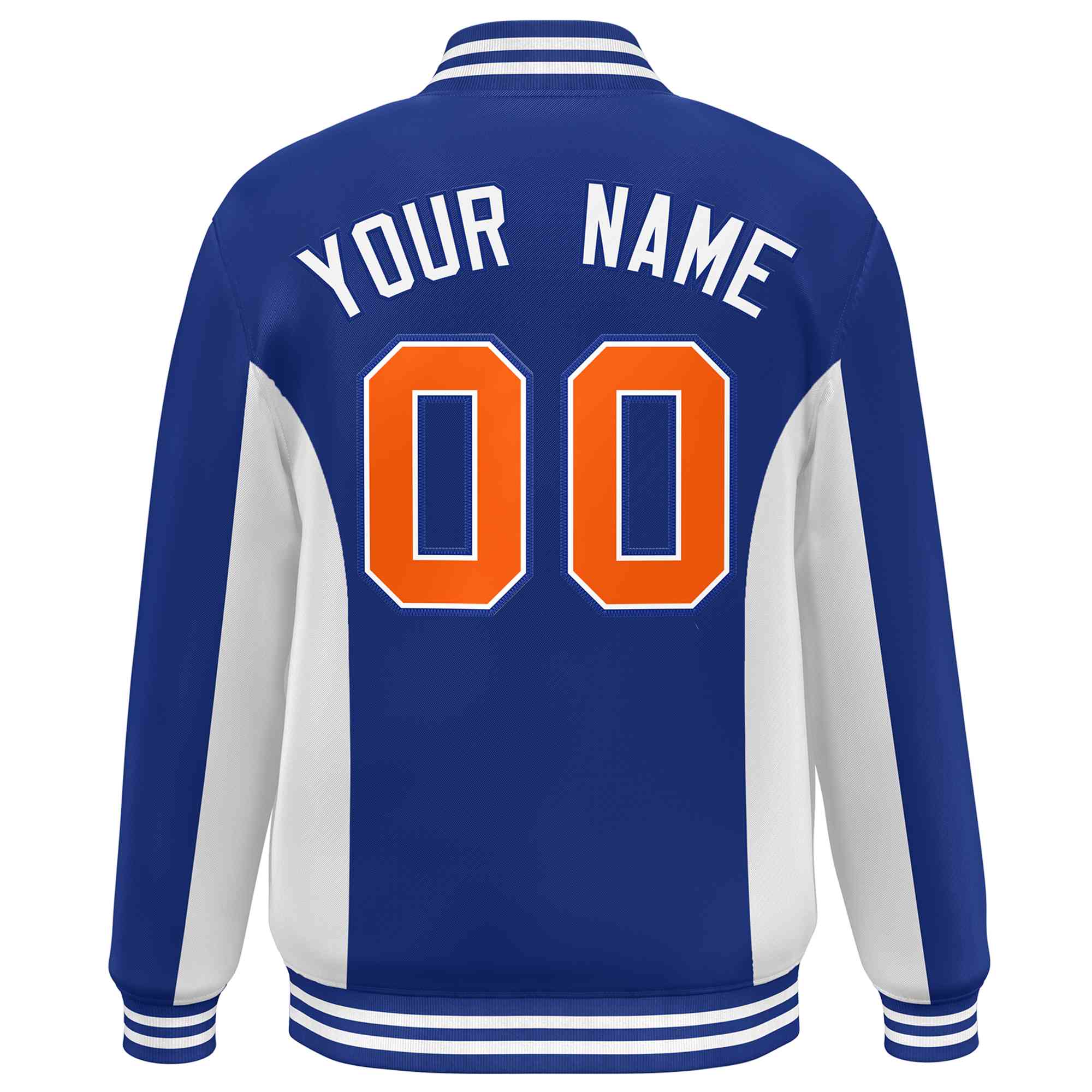 Custom Royal White-Orange Varsity Full-Snap Color Block Letterman Baseball Jacket