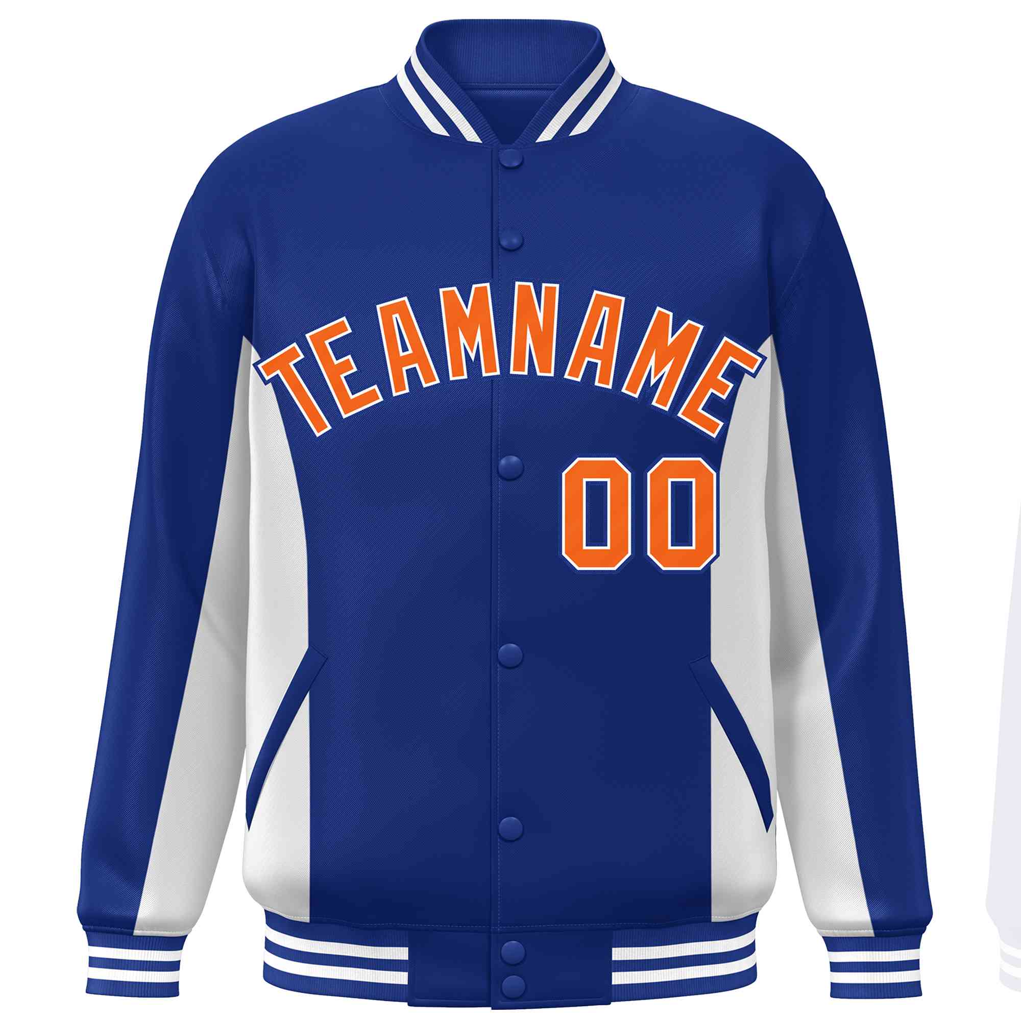 Custom Royal White-Orange Varsity Full-Snap Color Block Letterman Baseball Jacket