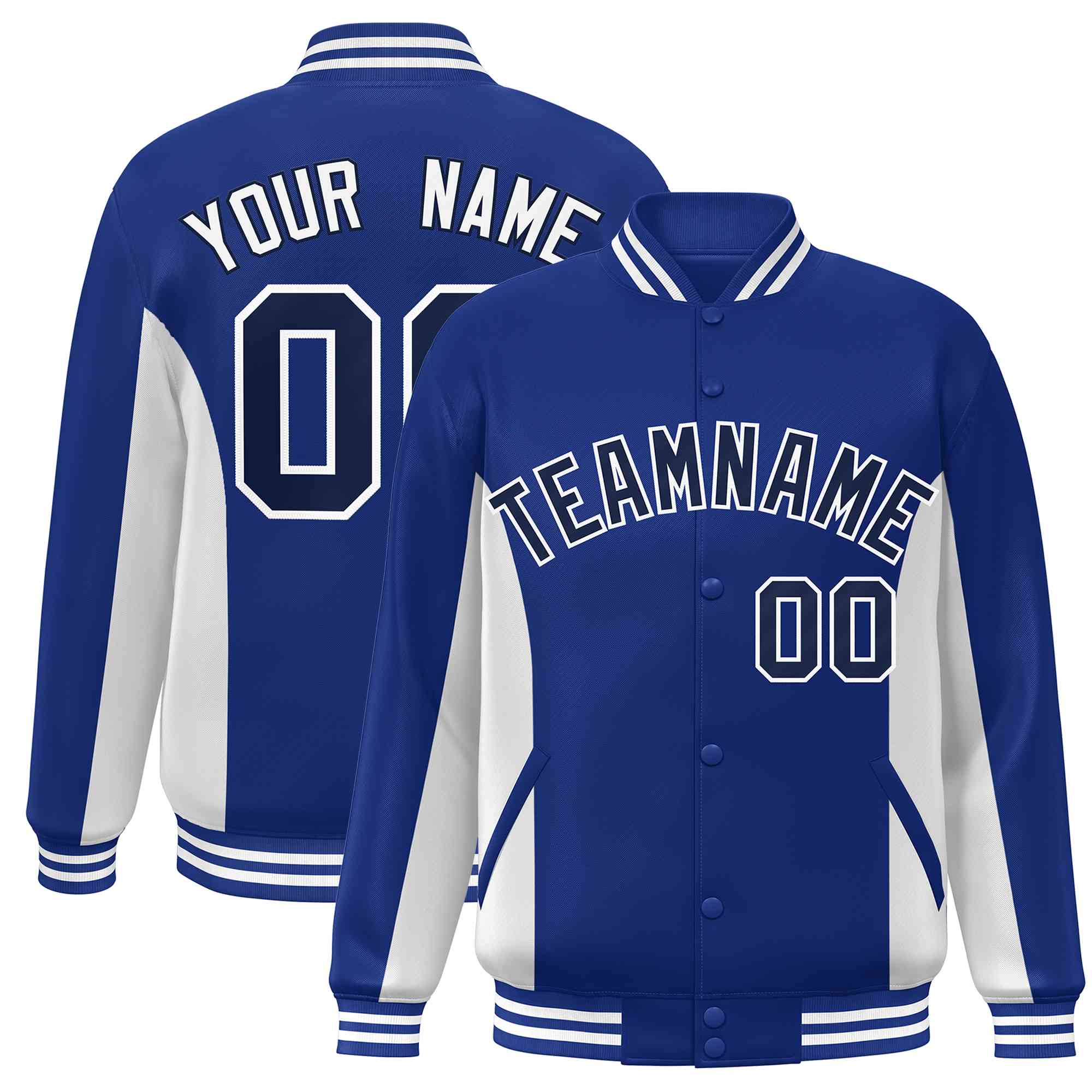 Custom Royal White-Navy Varsity Full-Snap Color Block Letterman Baseball Jacket