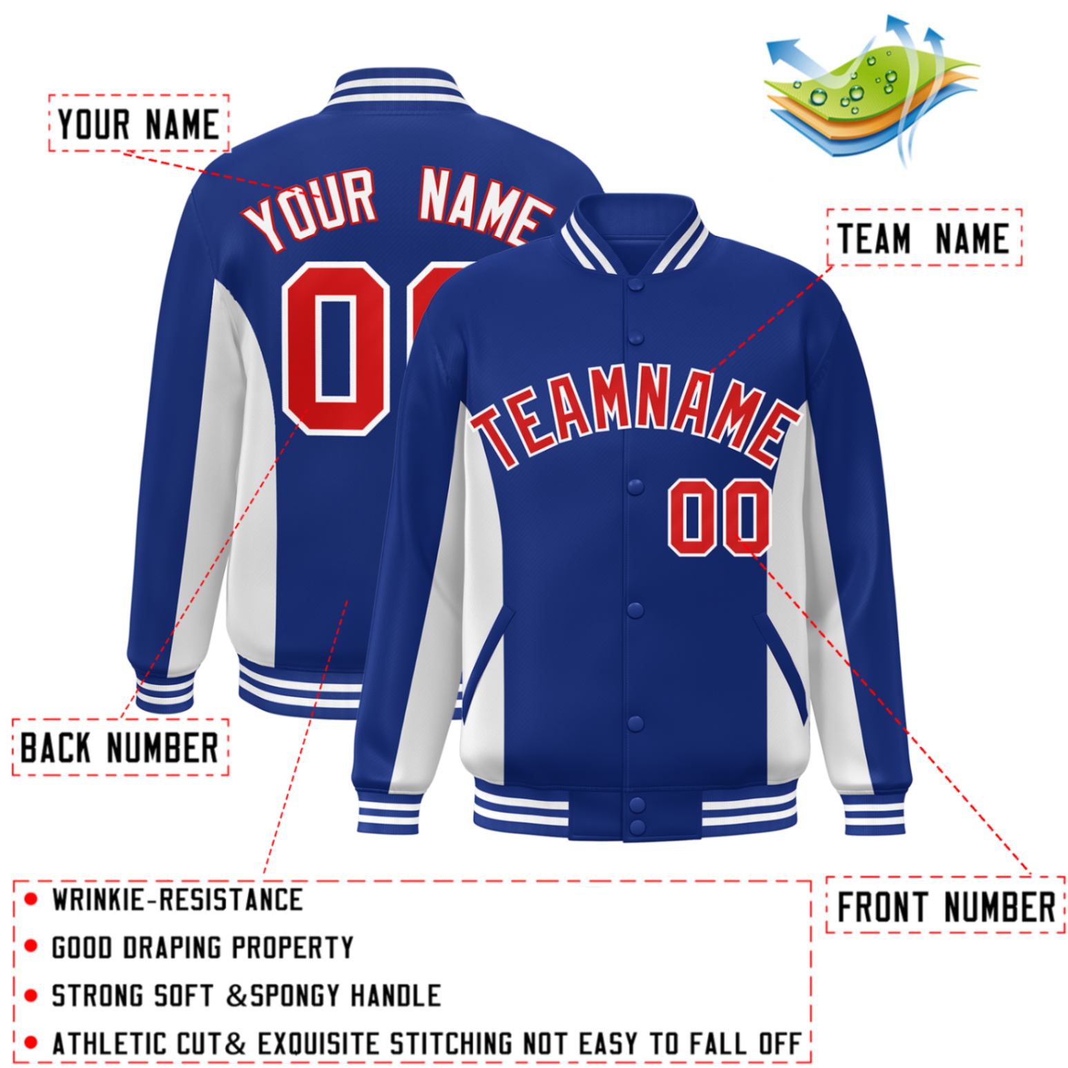 Custom Royal White-Red Varsity Full-Snap Color Block Letterman Baseball Jacket