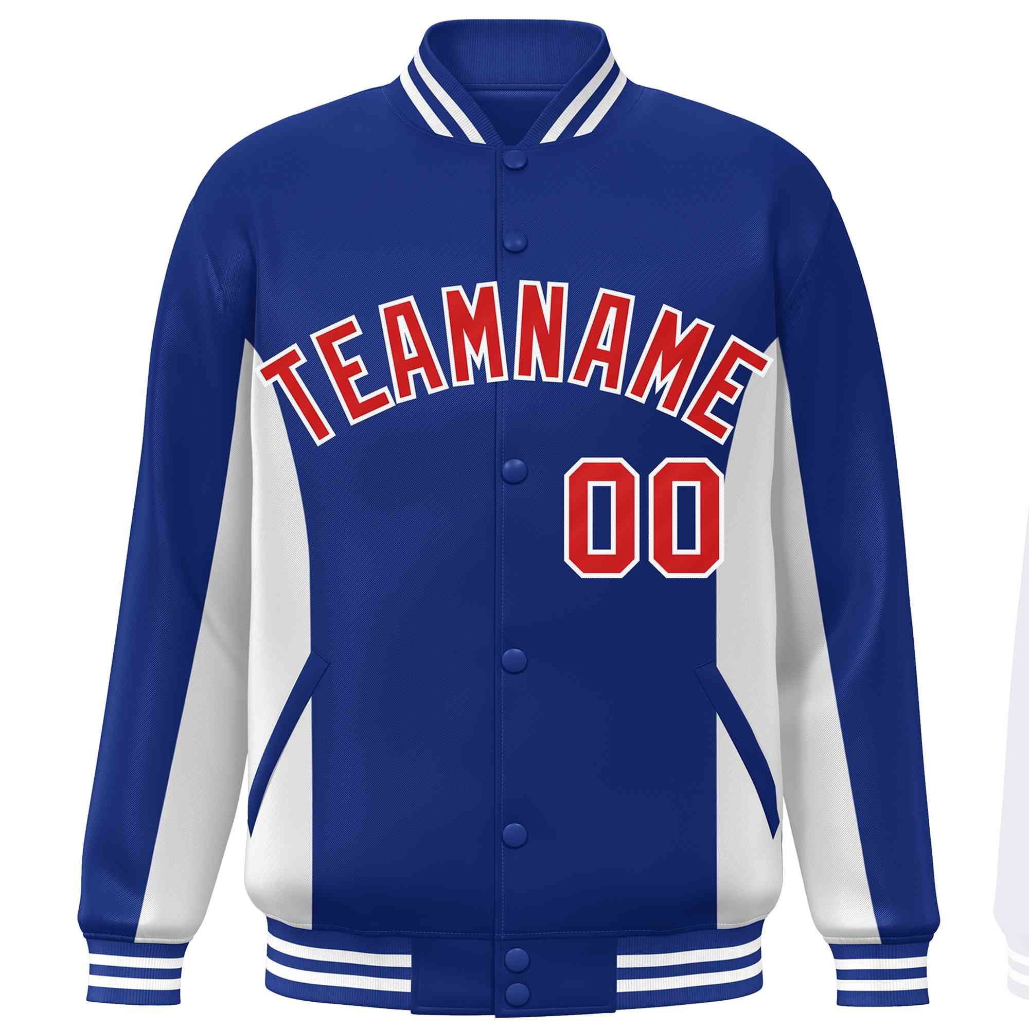 Custom Royal White-Red Varsity Full-Snap Color Block Letterman Baseball Jacket