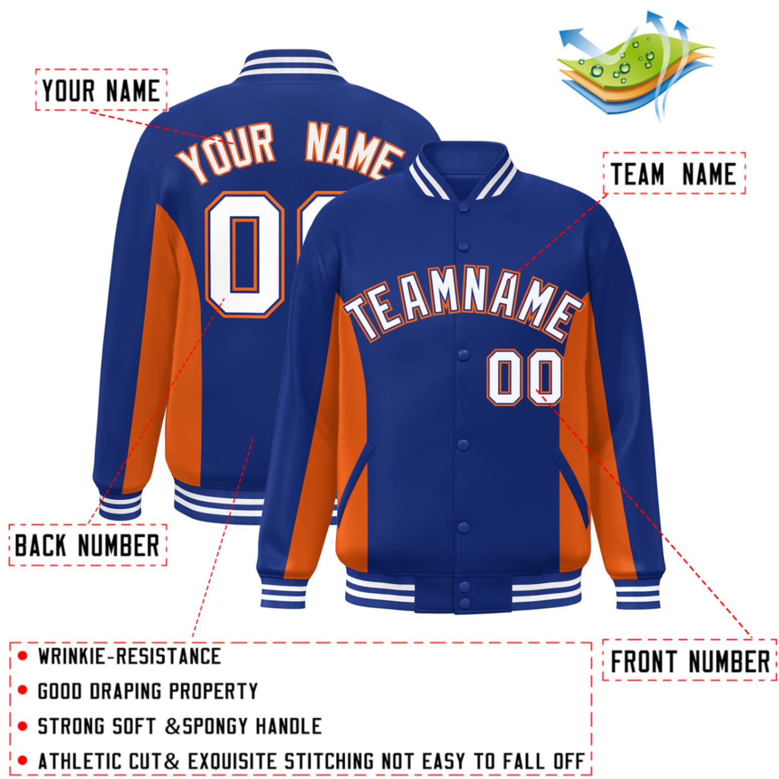 Custom Royal Orange-White Varsity Full-Snap Color Block Letterman Baseball Jacket