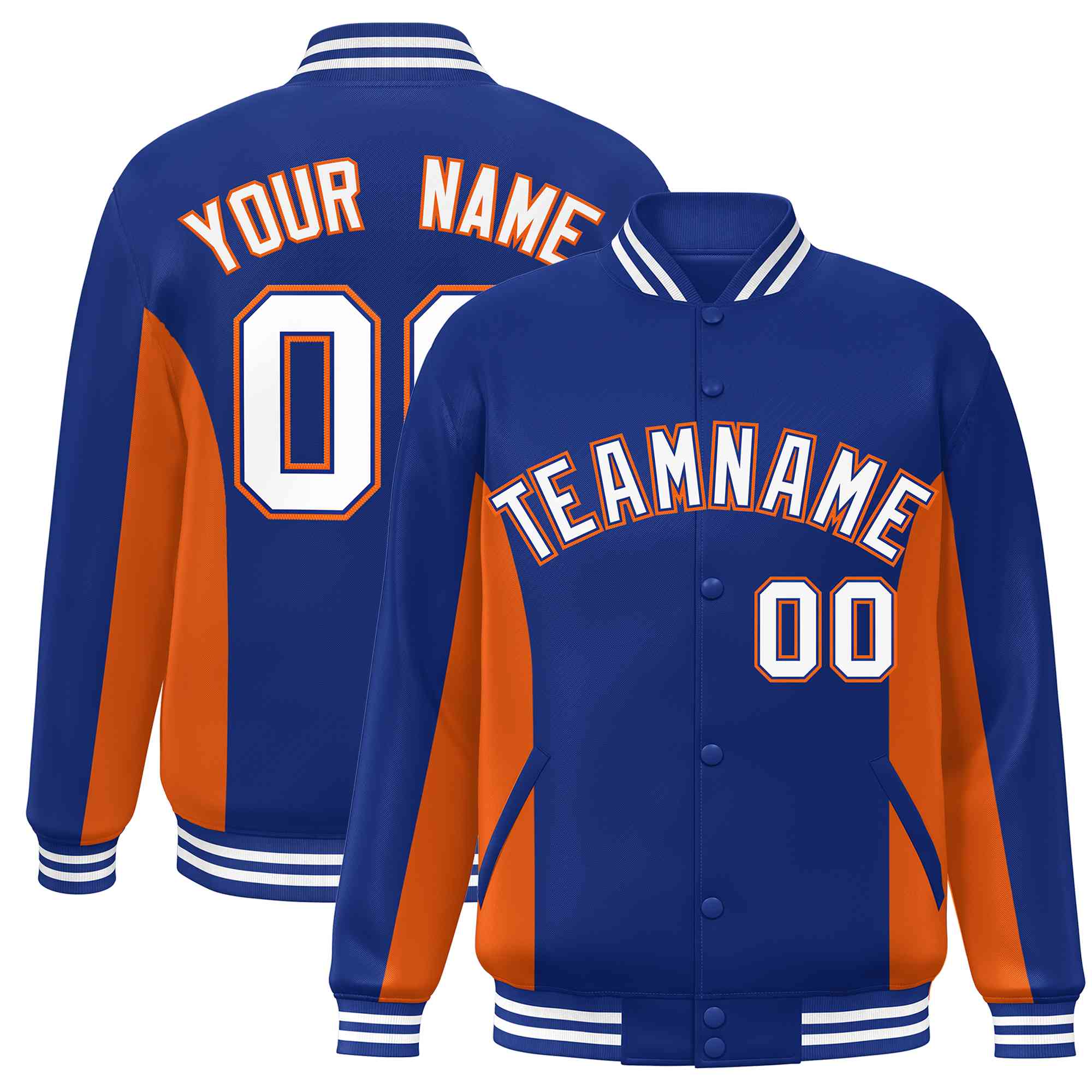 Custom Royal Orange-White Varsity Full-Snap Color Block Letterman Baseball Jacket