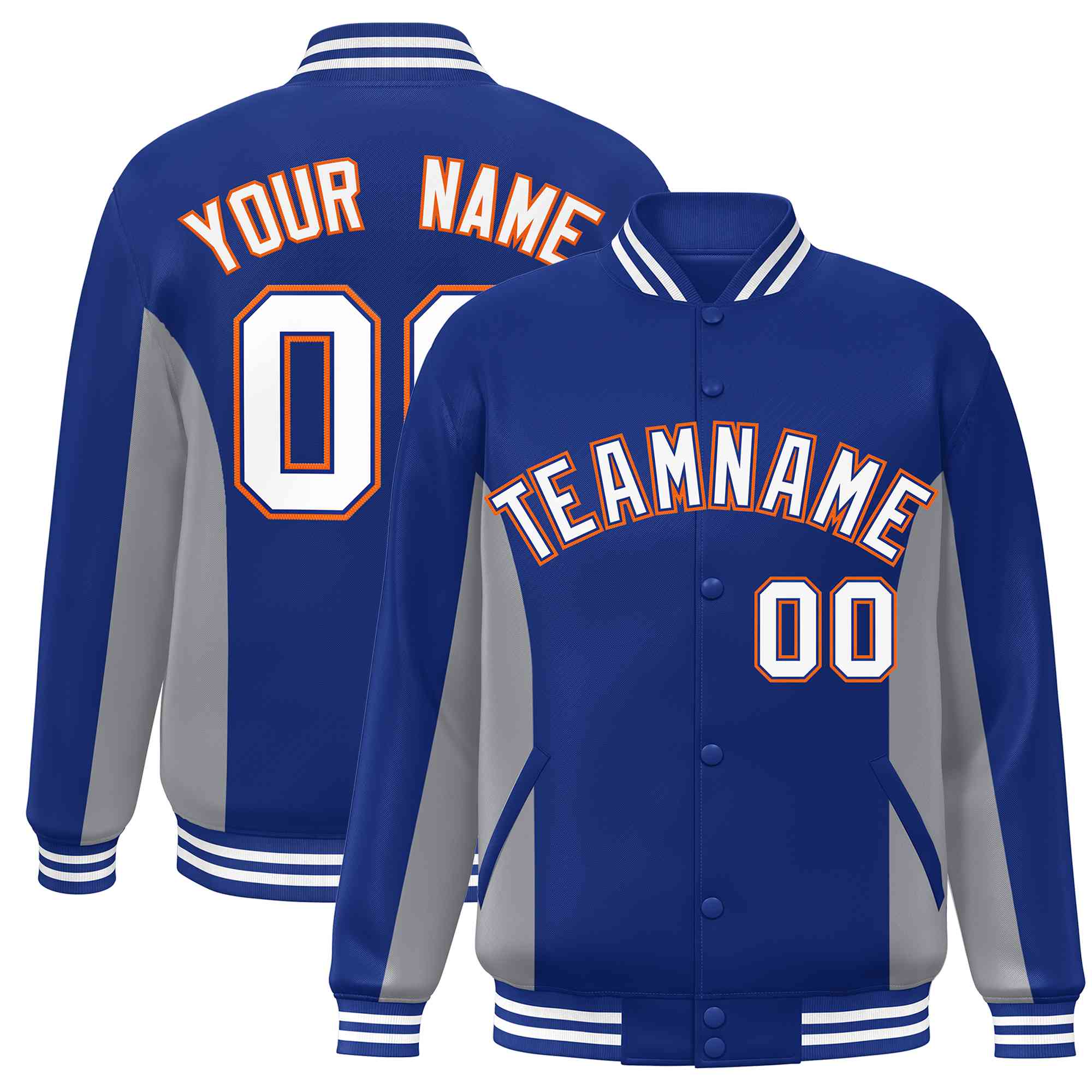 Custom Royal Gray-White Varsity Full-Snap Color Block Letterman Baseball Jacket