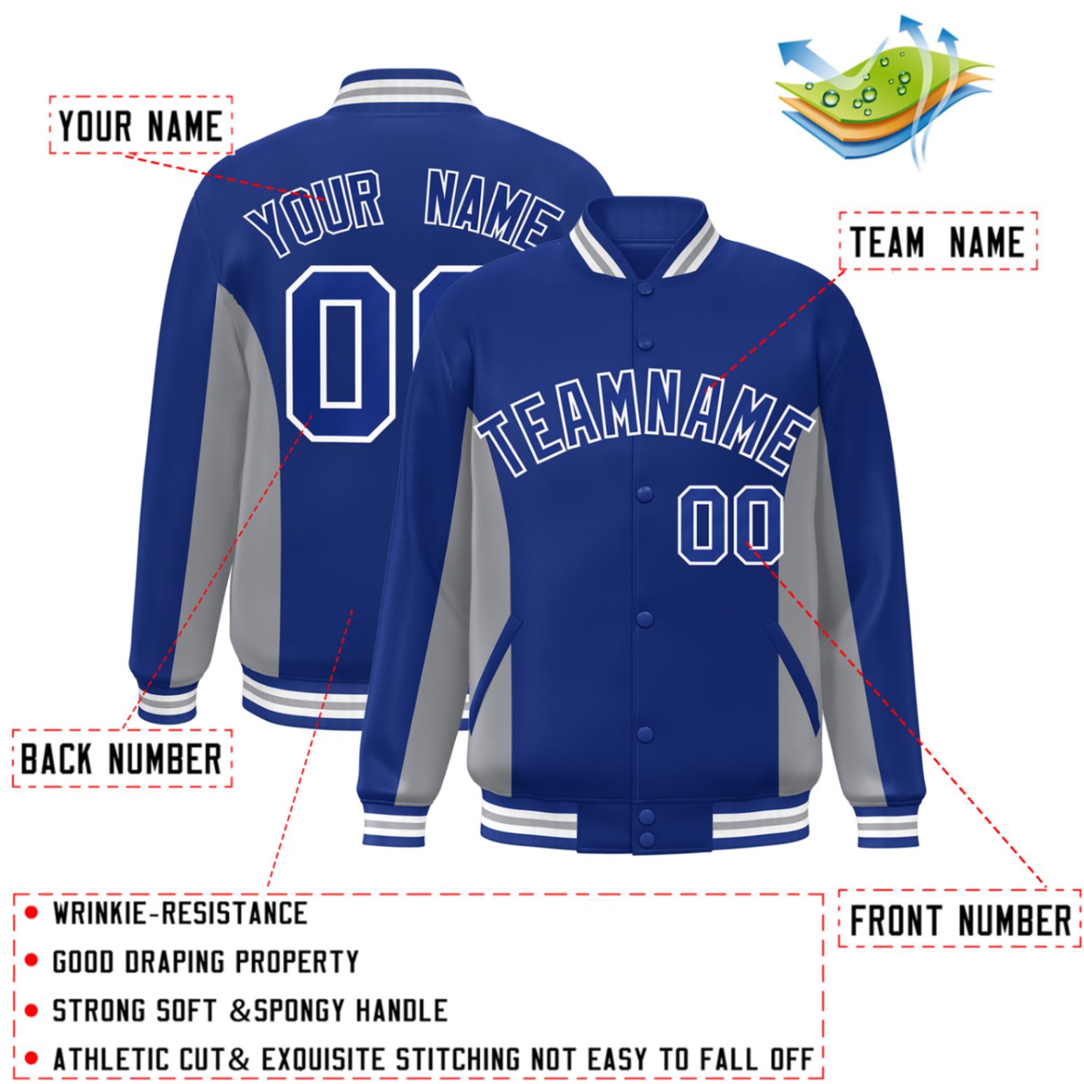 Custom Royal Gray Varsity Full-Snap Color Block Letterman Baseball Jacket