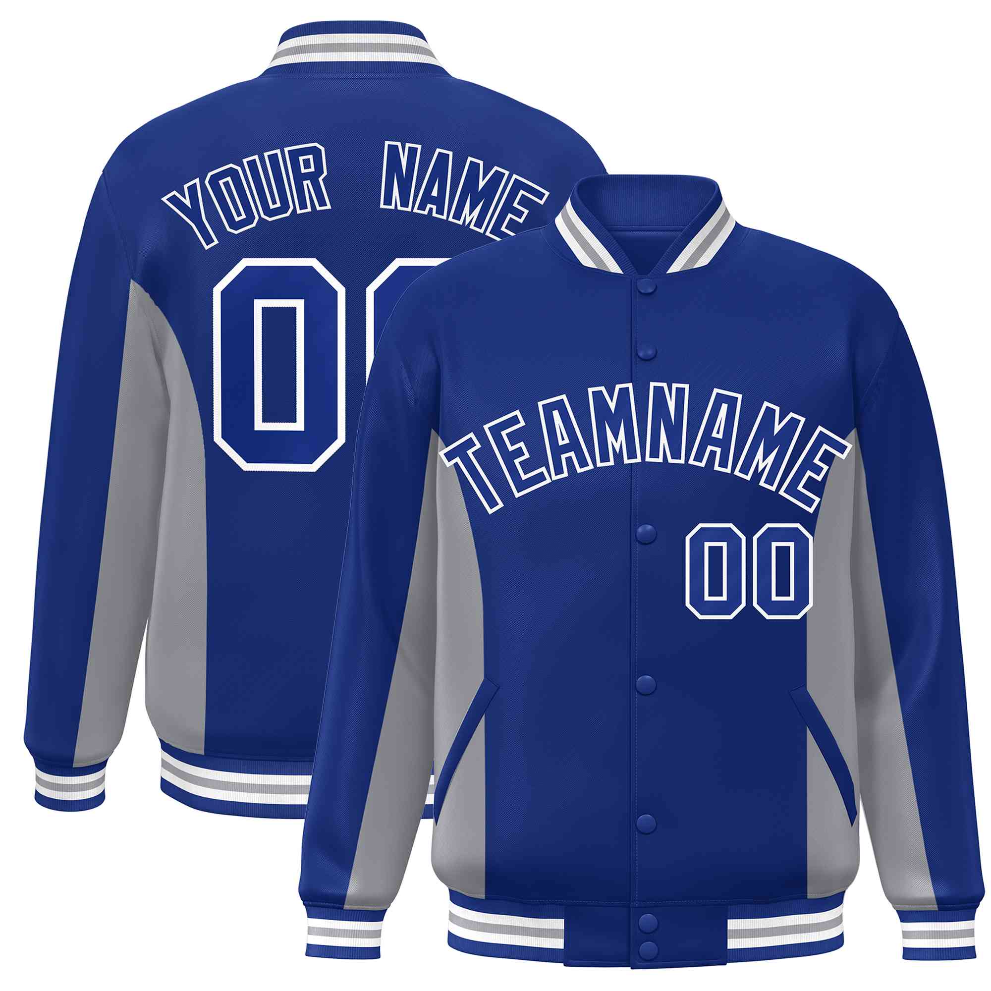 Custom Royal Gray Varsity Full-Snap Color Block Letterman Baseball Jacket