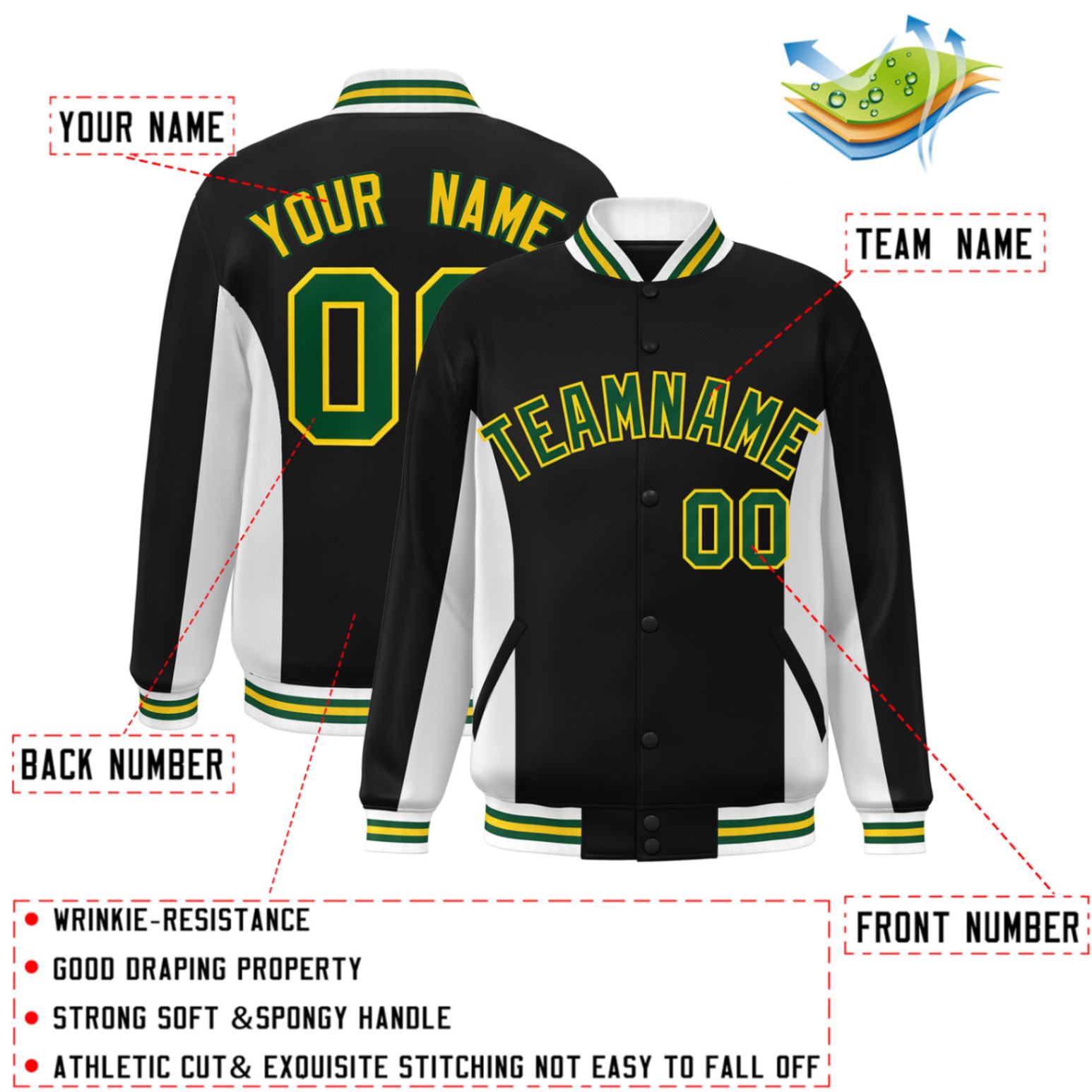 Custom Black White-Green Varsity Full-Snap Color Block Letterman Baseball Jacket