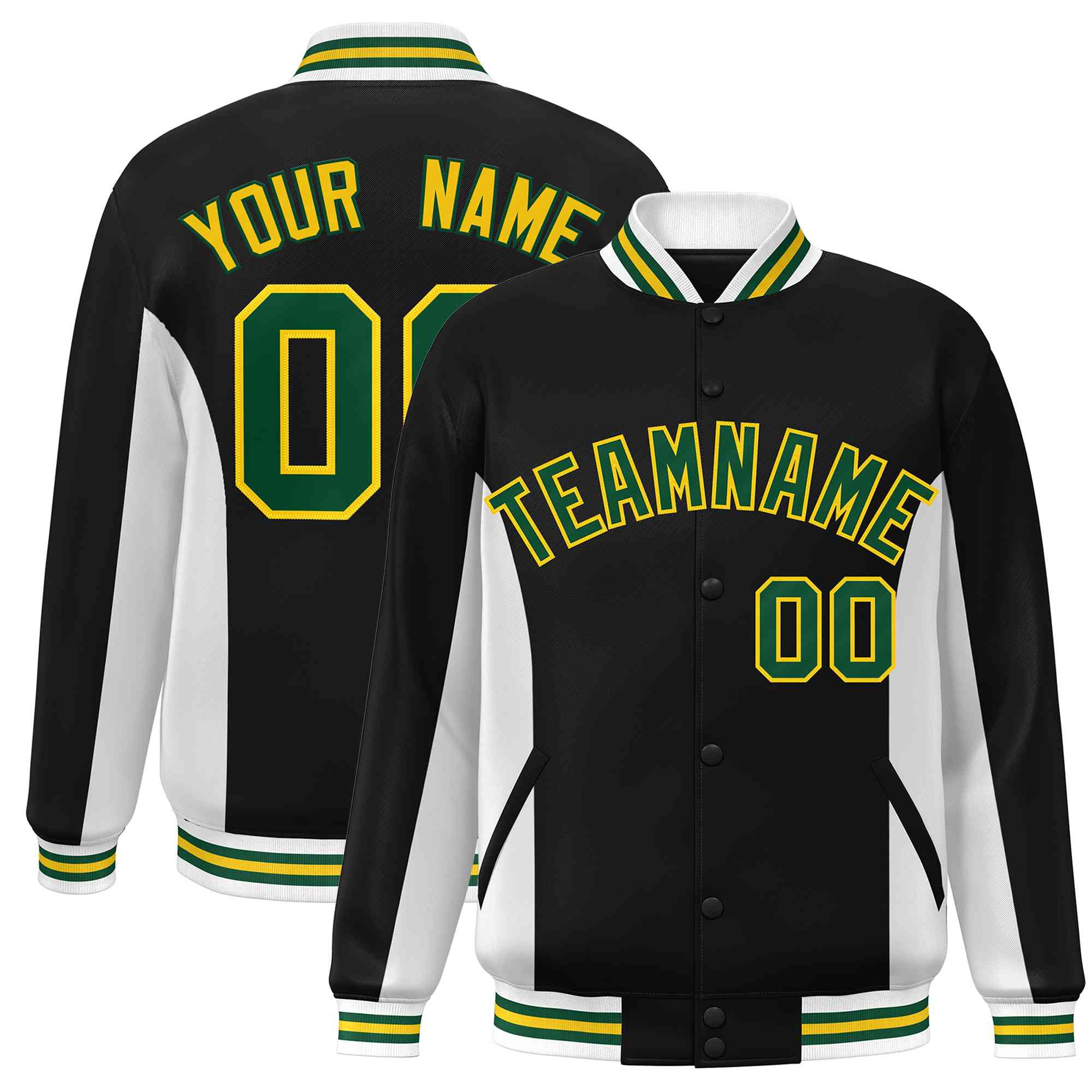 Custom Black White-Green Varsity Full-Snap Color Block Letterman Baseball Jacket