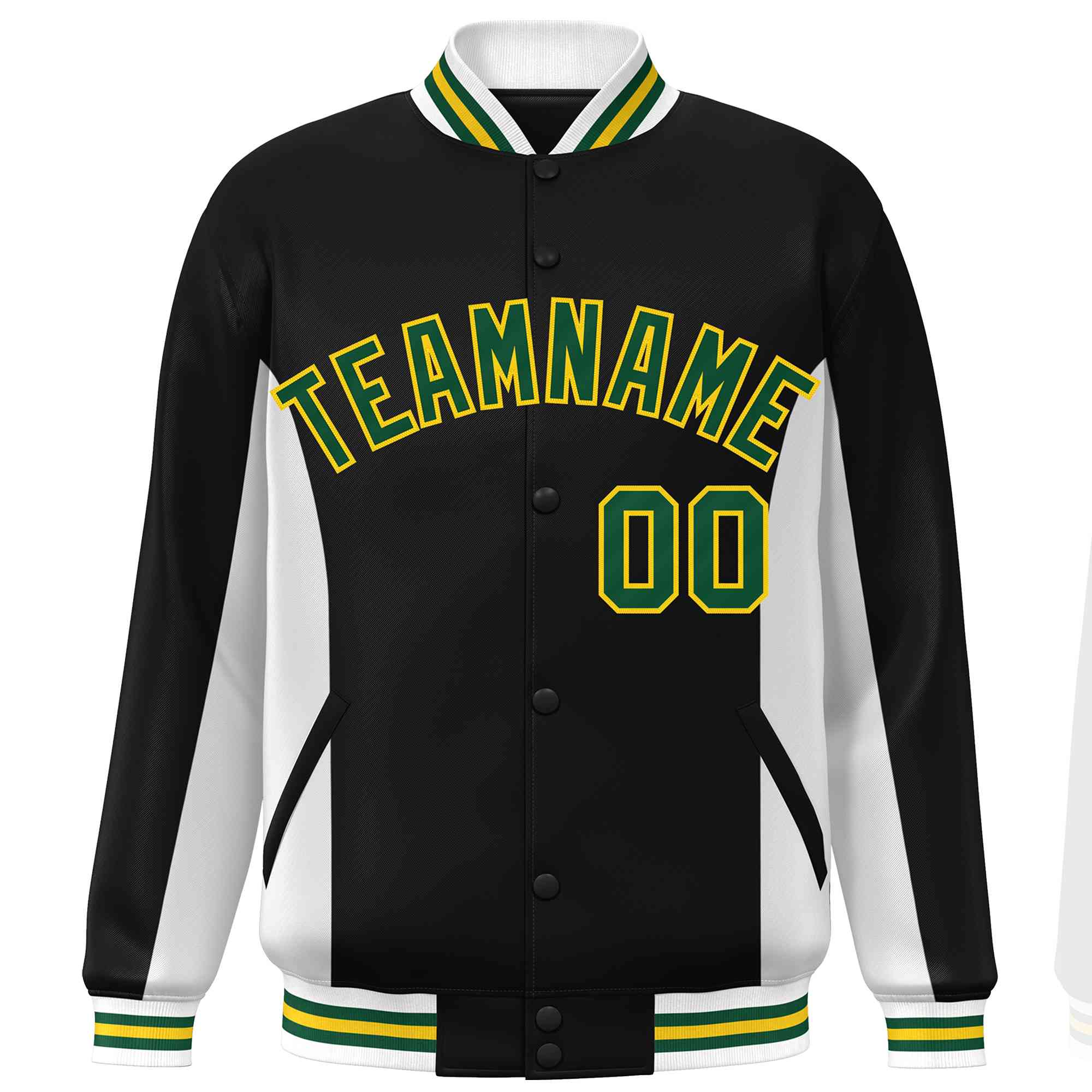 Custom Black White-Green Varsity Full-Snap Color Block Letterman Baseball Jacket