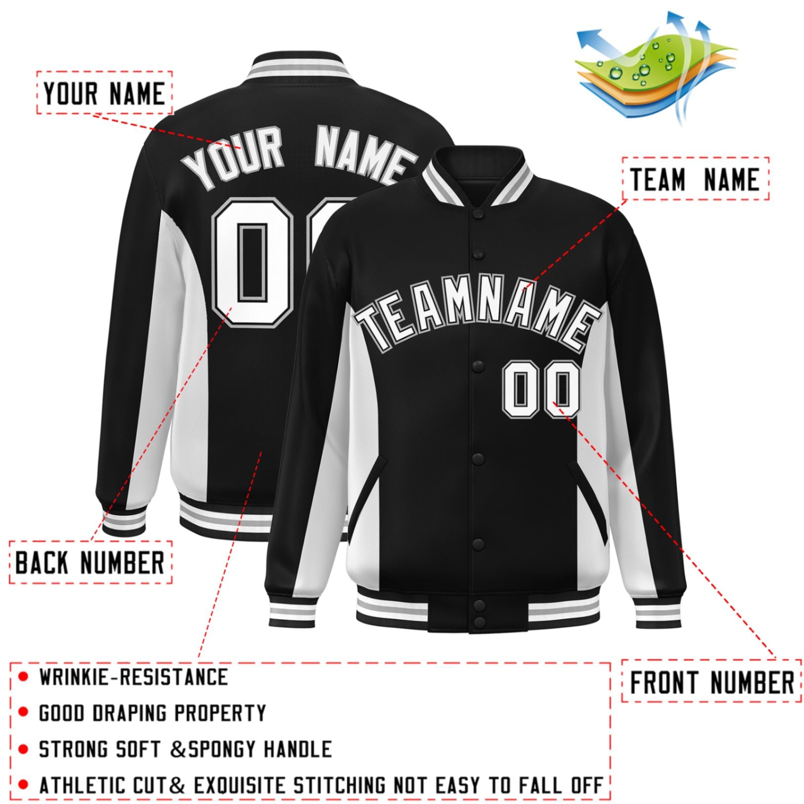 Custom Black White Varsity Full-Snap Color Block Letterman Baseball Jacket