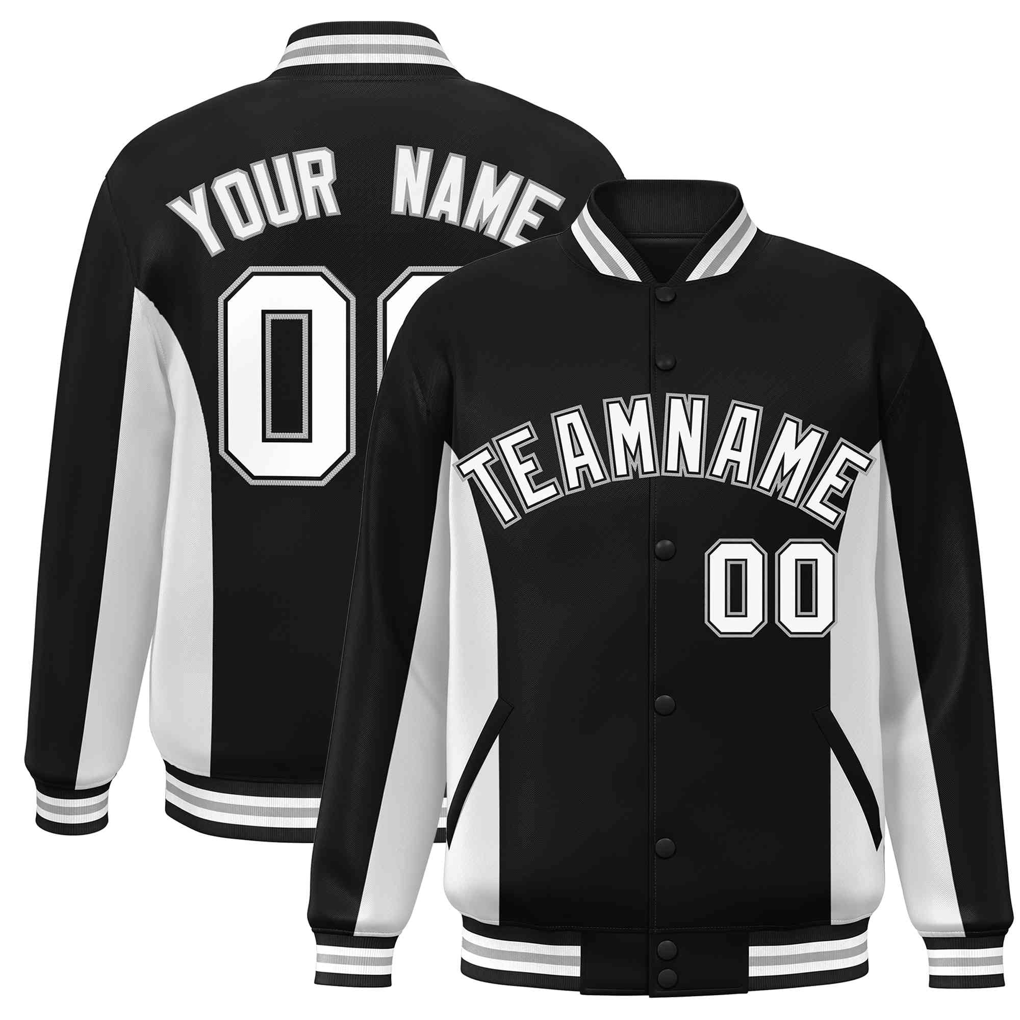 Custom Black White Varsity Full-Snap Color Block Letterman Baseball Jacket