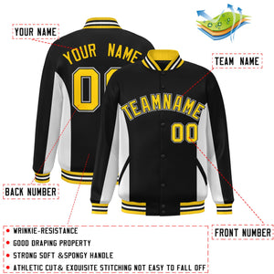 Custom Black White-Gold Varsity Full-Snap Color Block Letterman Baseball Jacket