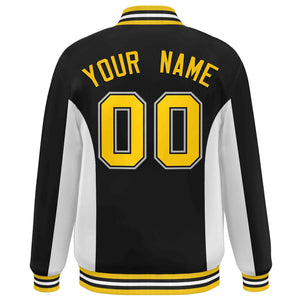 Custom Black White-Gold Varsity Full-Snap Color Block Letterman Baseball Jacket