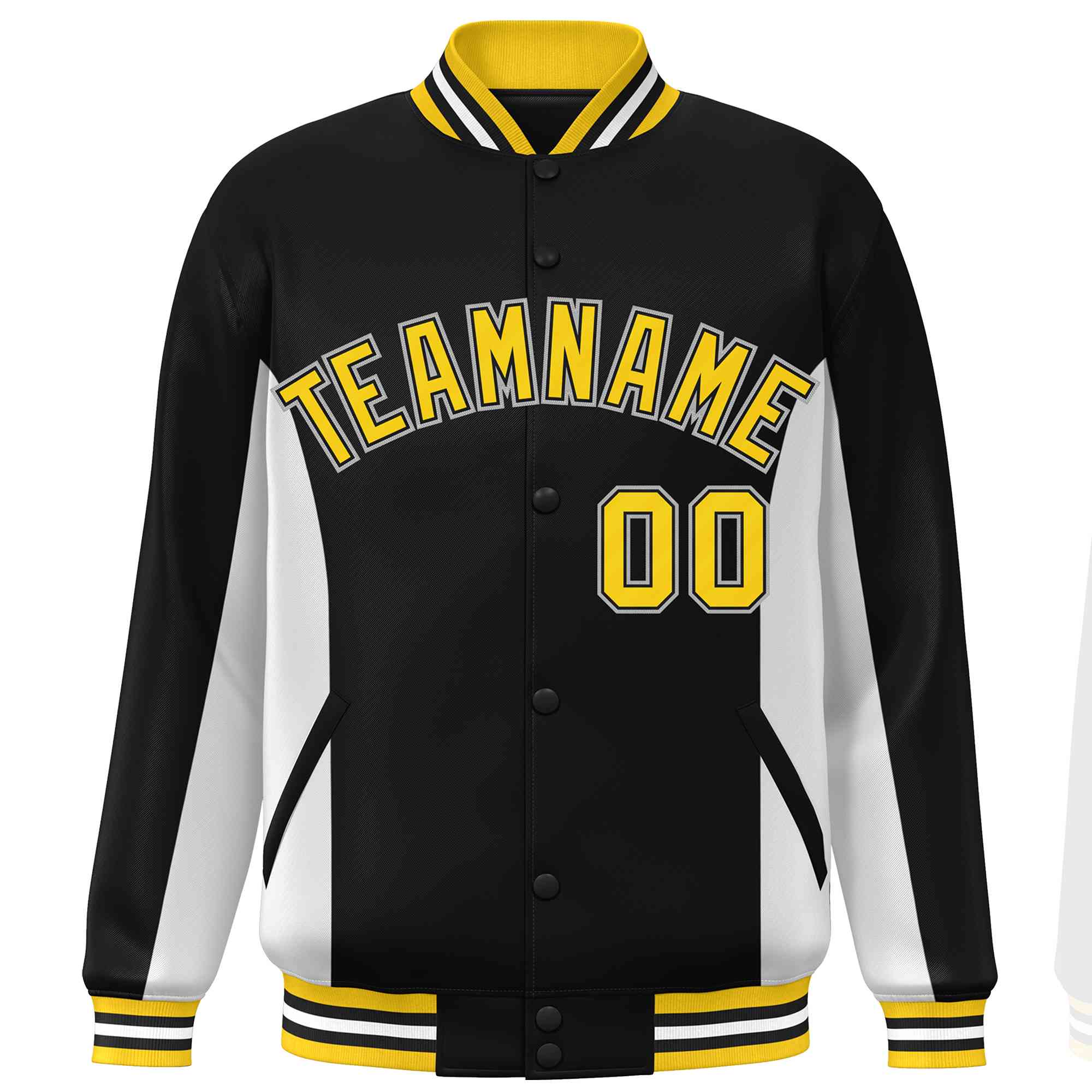 Custom Black White-Gold Varsity Full-Snap Color Block Letterman Baseball Jacket