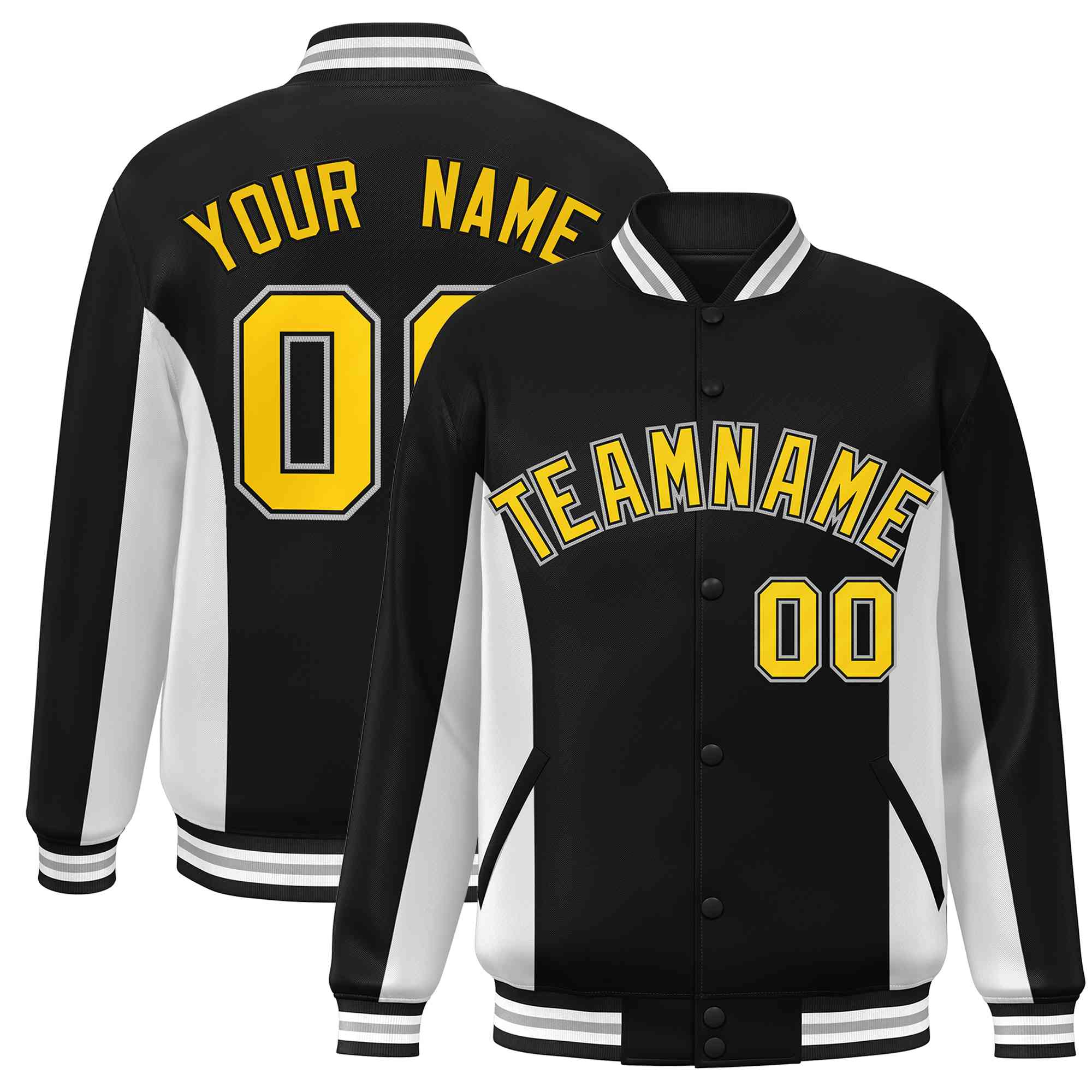 Custom Black White-Gold Varsity Full-Snap Color Block Letterman Baseball Jacket