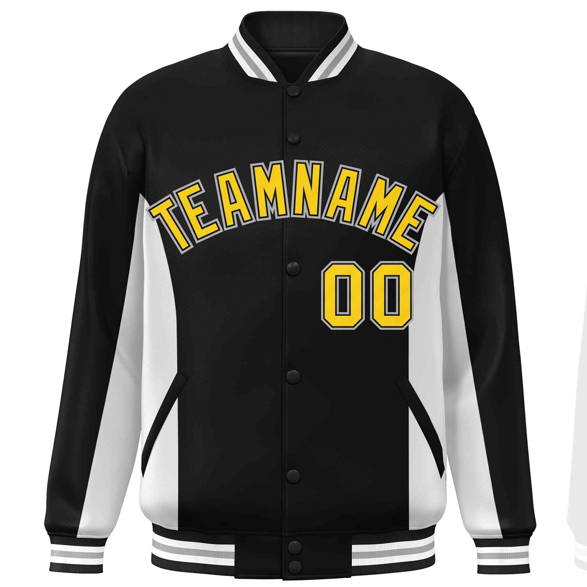 Custom Black White-Gold Varsity Full-Snap Color Block Letterman Baseball Jacket