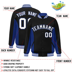 Custom Black Royal-White Varsity Full-Snap Color Block Letterman Baseball Jacket