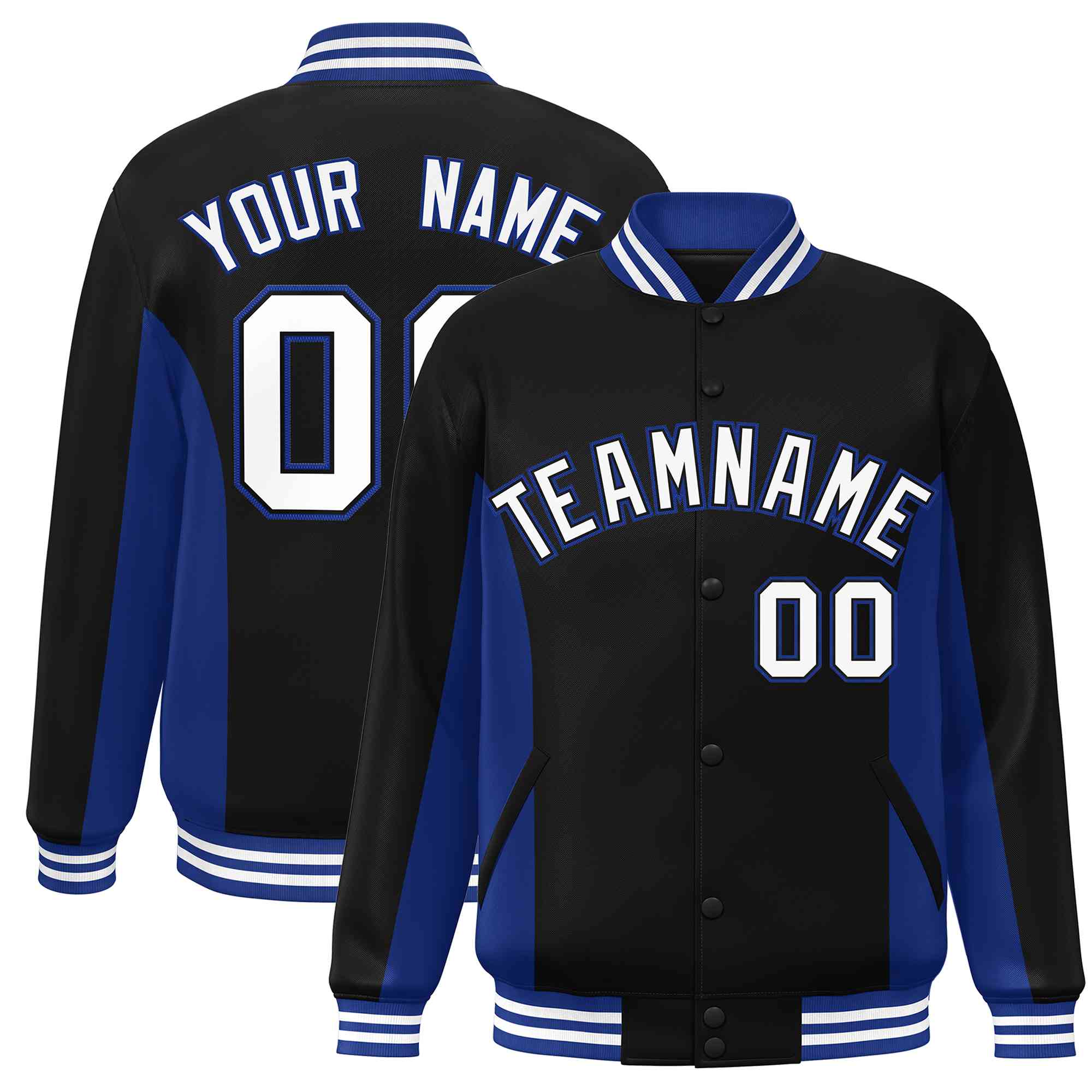 Custom Black Royal-White Varsity Full-Snap Color Block Letterman Baseball Jacket