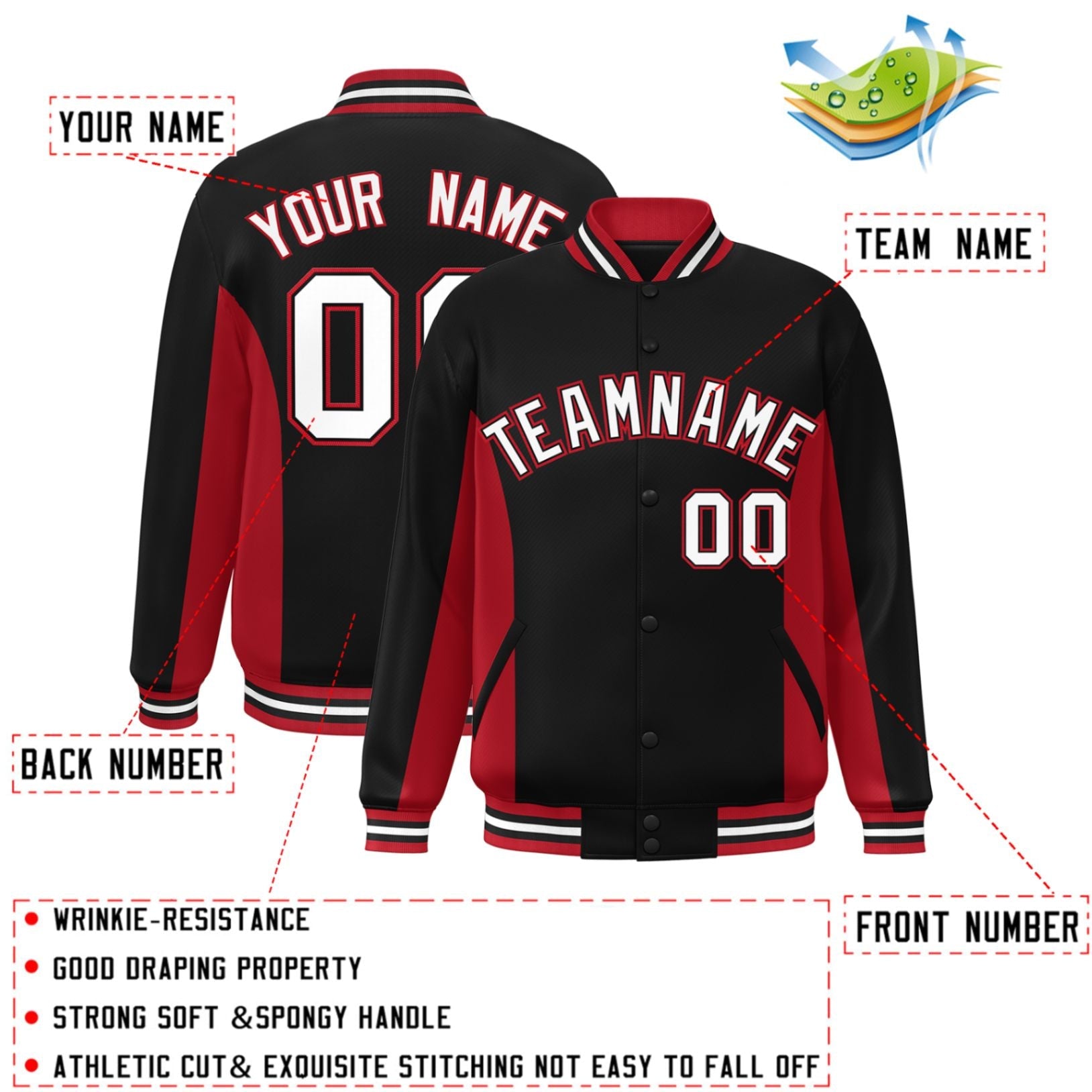 Custom Black Red-White Varsity Full-Snap Color Block Letterman Baseball Jacket