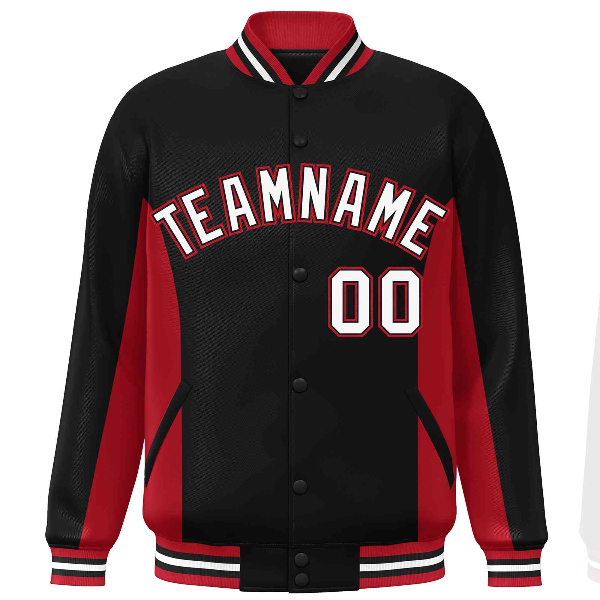 Custom Black Red-White Varsity Full-Snap Color Block Letterman Baseball Jacket