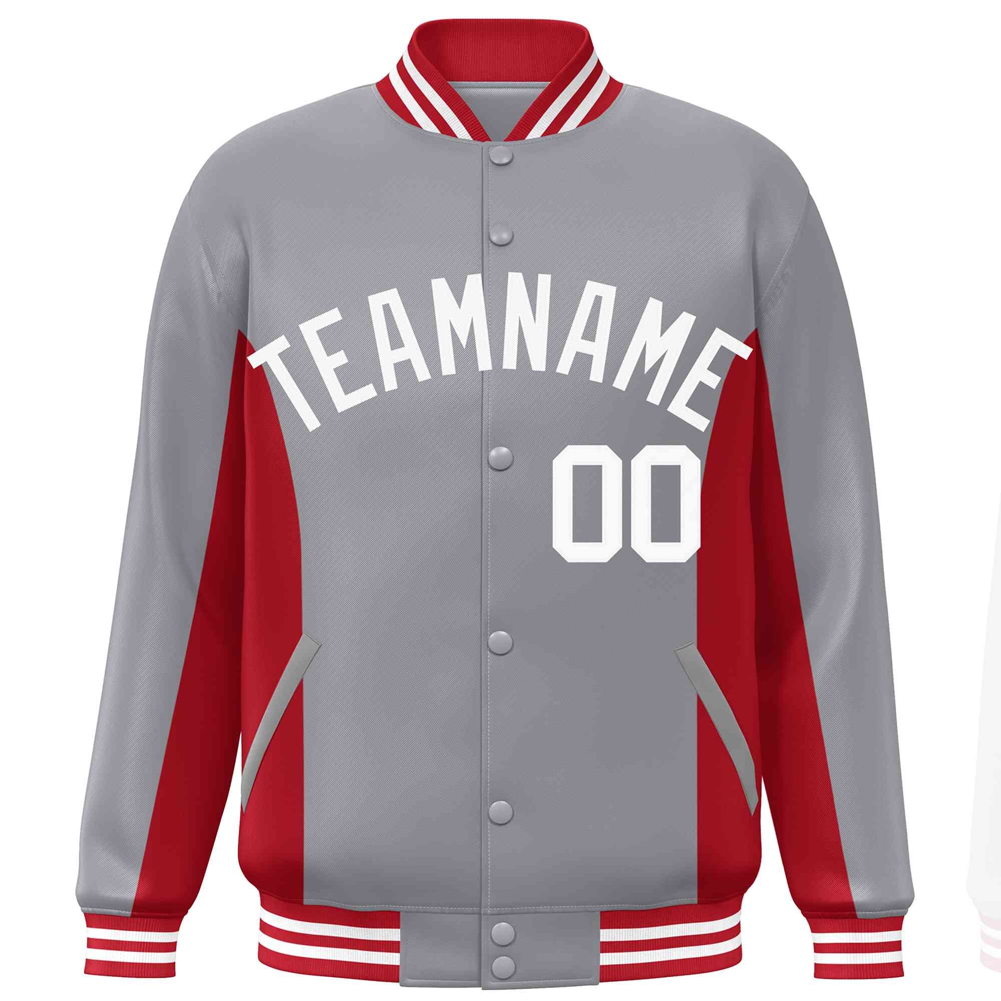 Custom Gray Red-White Varsity Full-Snap Color Block Letterman Baseball Jacket