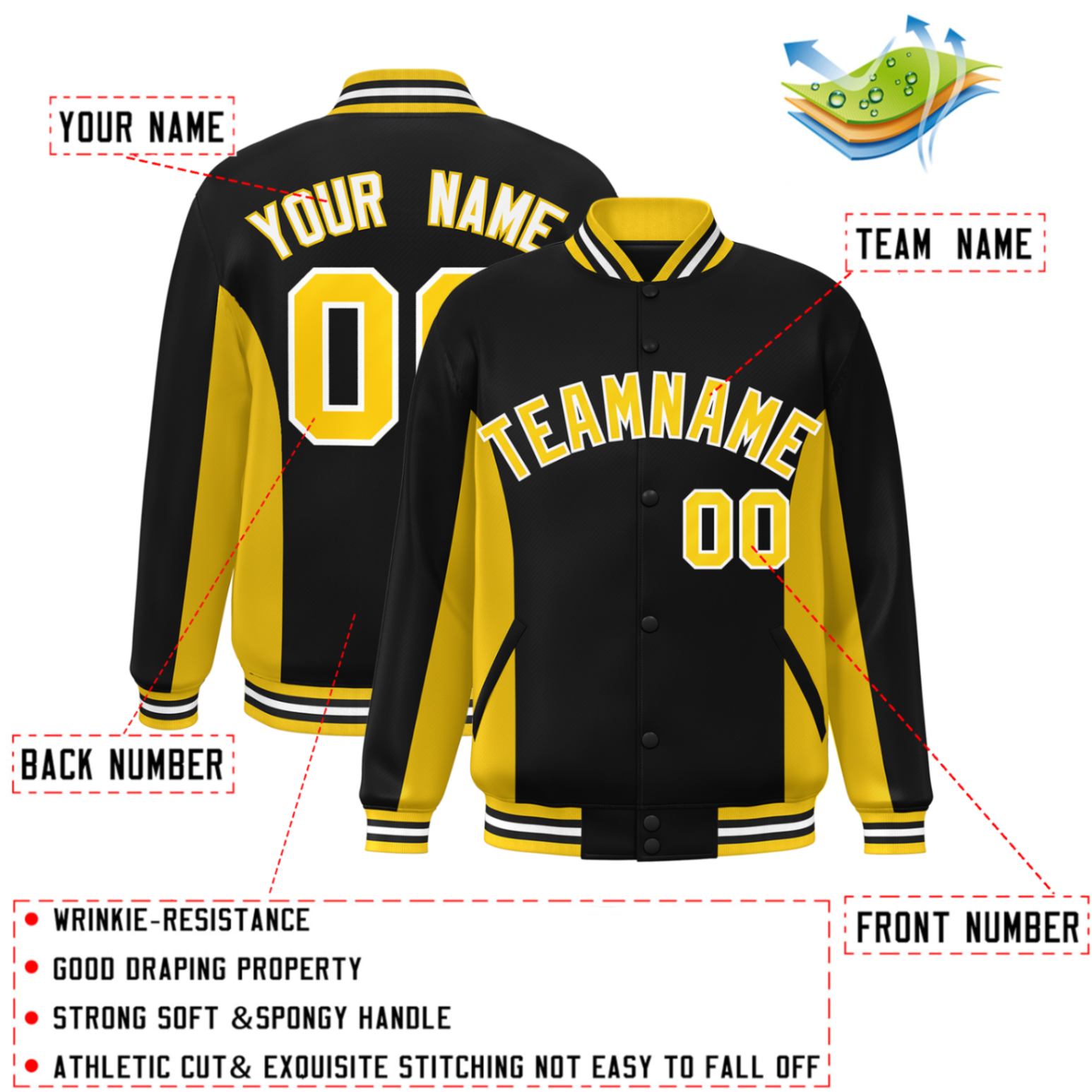 Custom Black Gold Varsity Full-Snap Color Block Letterman Baseball Jacket